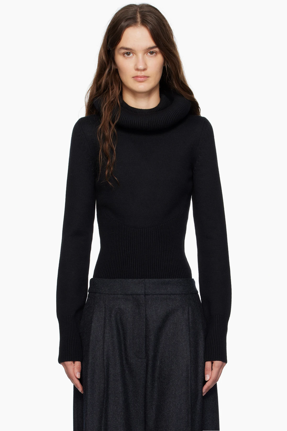 Black Sculptural Hood Ribbed Knit Turtleneck