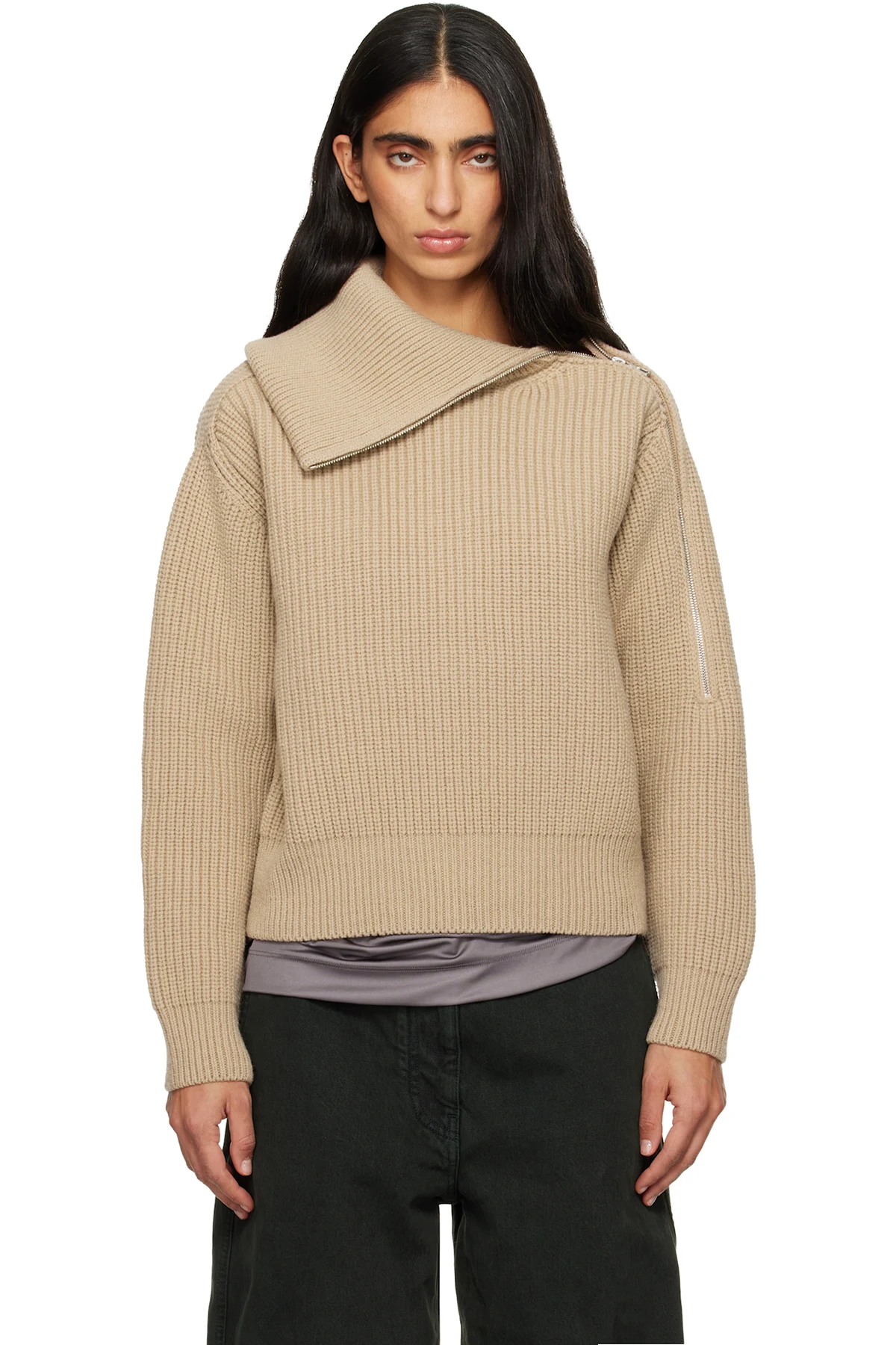 Beige Zipped Wool Turtleneck