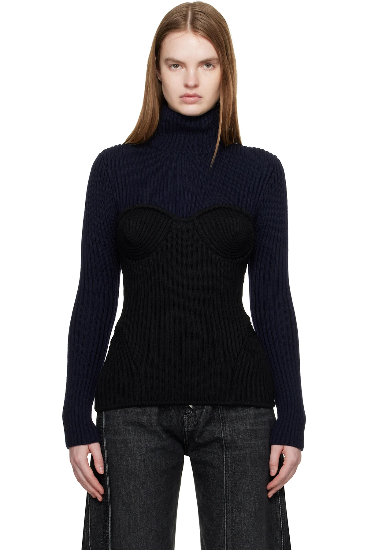 Navy & Black Stretch Merino Wool Ribbed Turtleneck