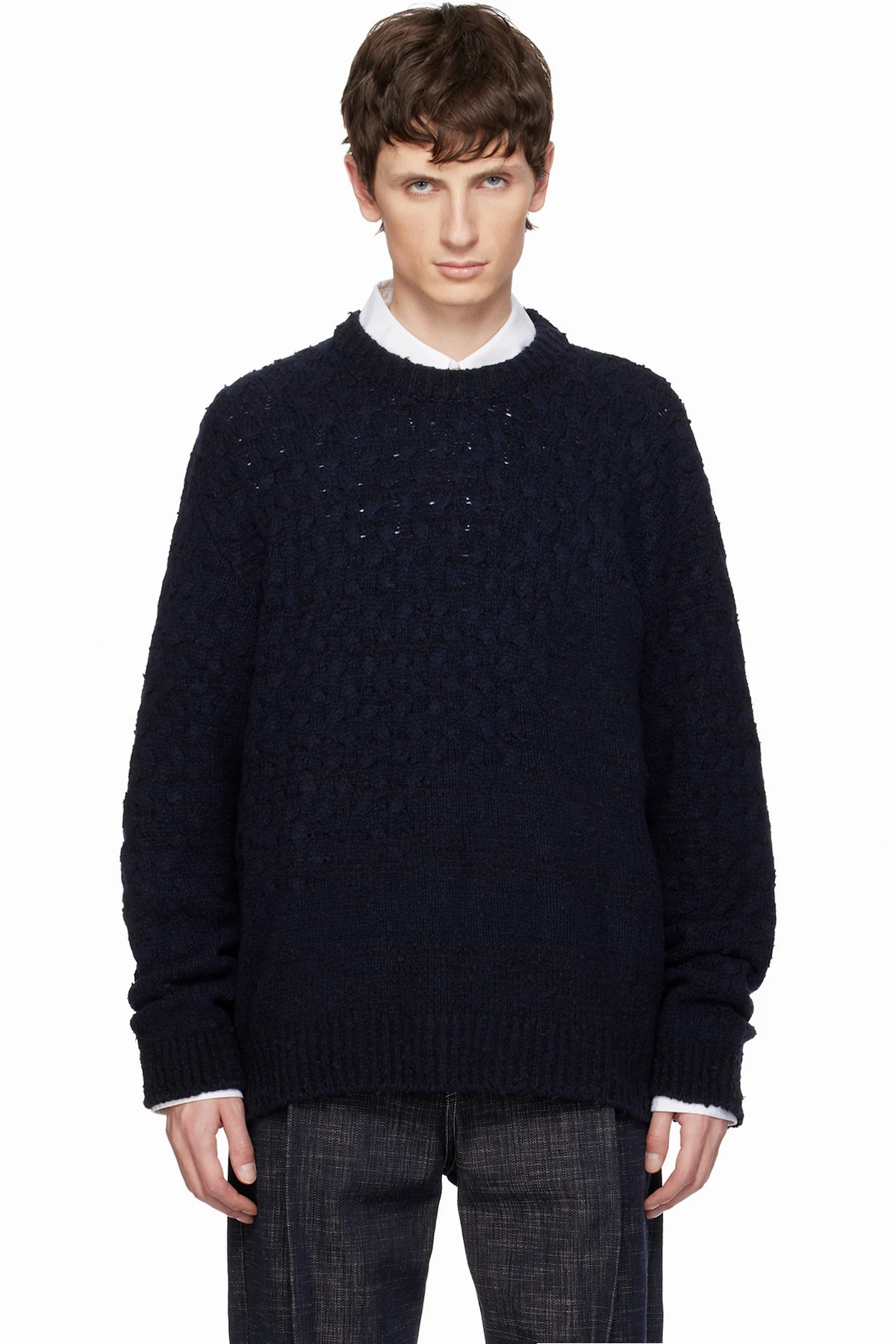 Navy Wool Blend Cable Sweater