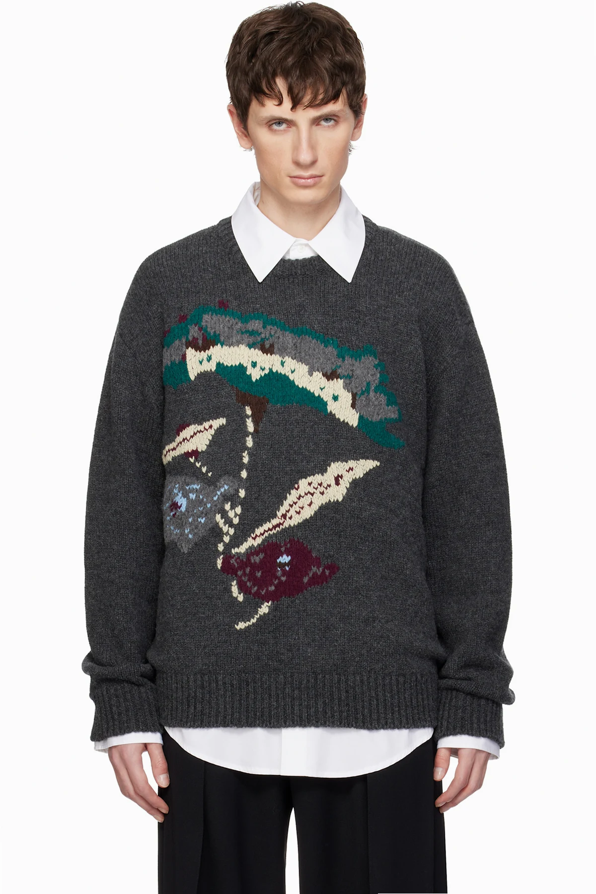 Gray Flower Jacquard Wool Sweater