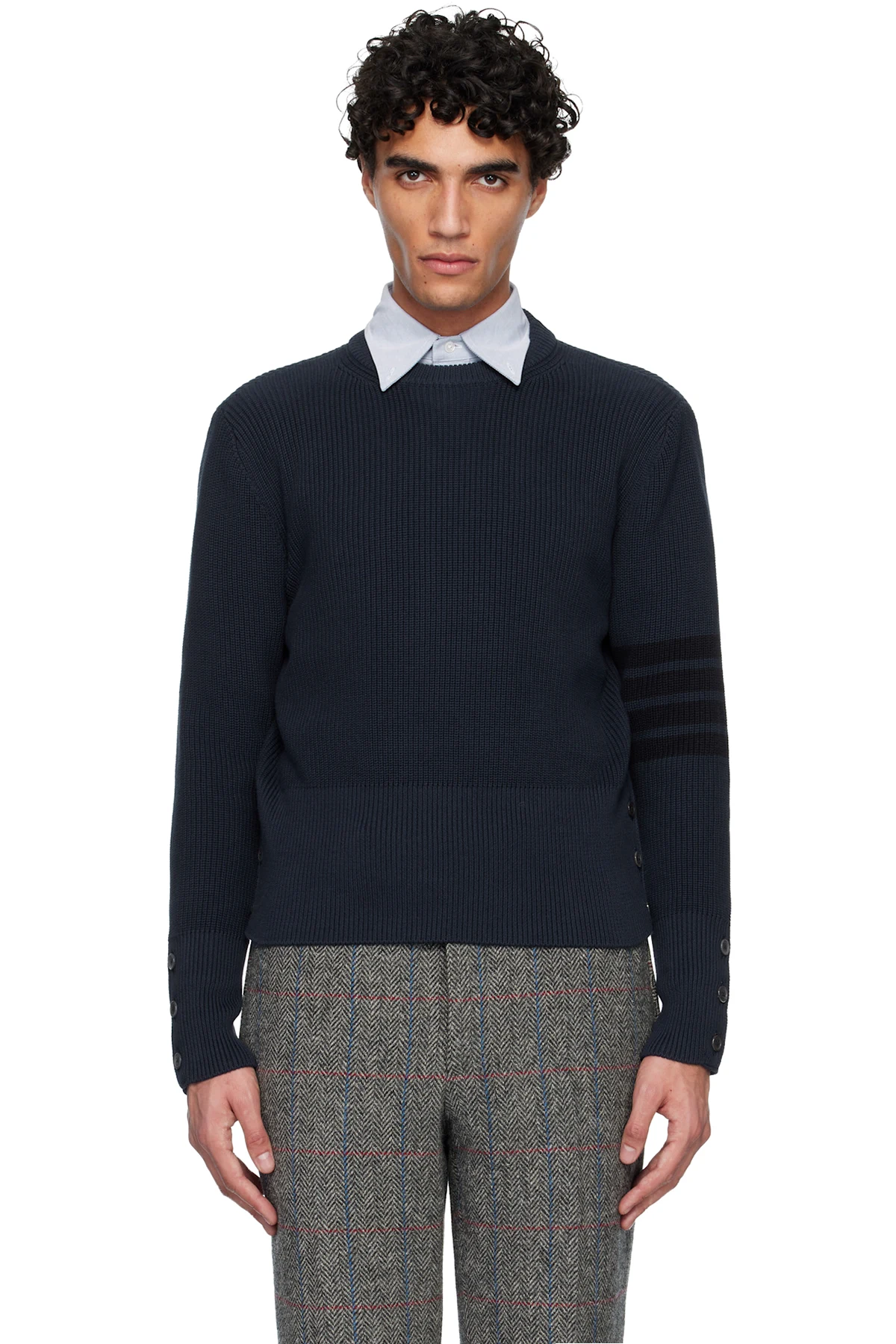 Navy Cotton Cardigan Stitch 4-Bar Sweater