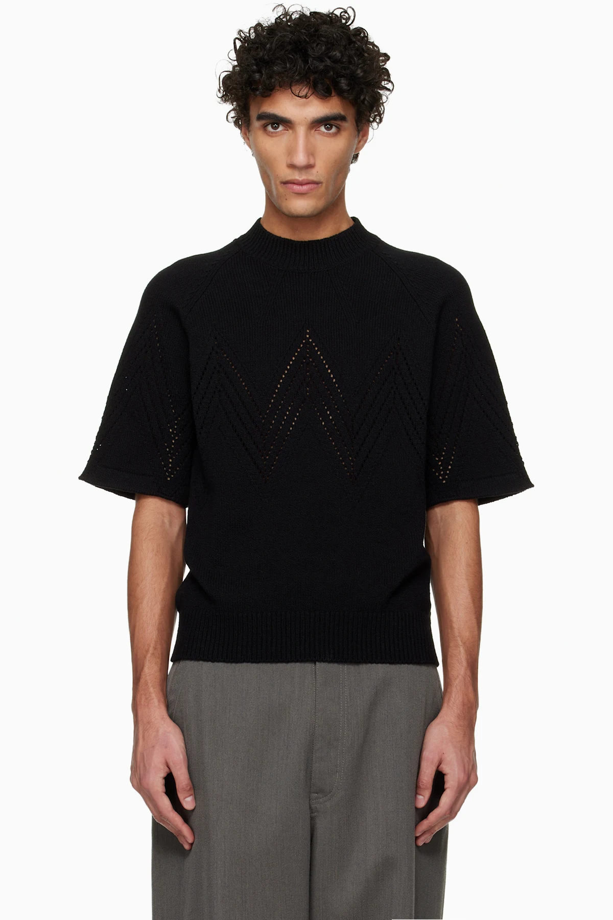 Black Pointelle Short Sleeve Sweater