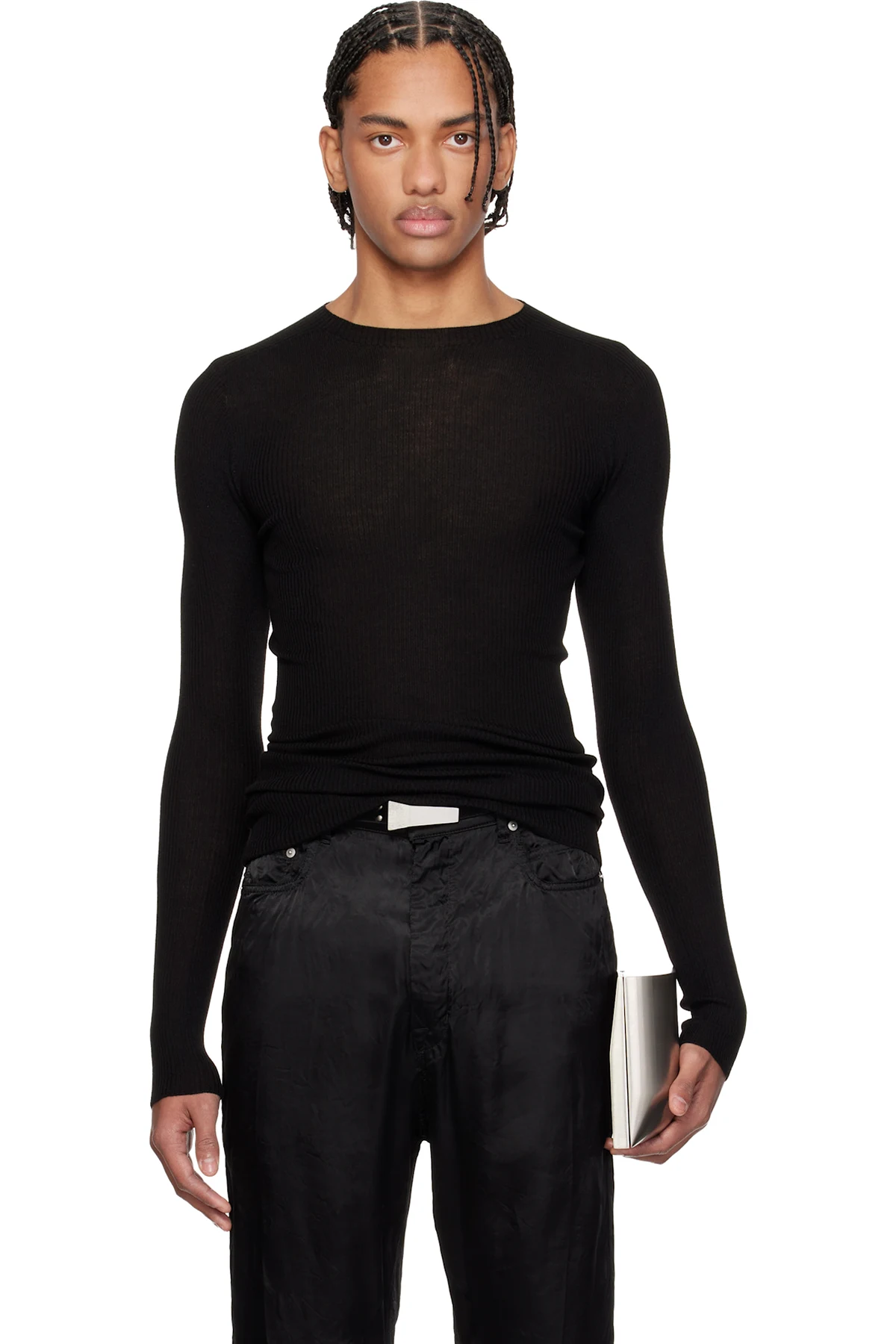Black Temple Ribbed Round Neck Sweater