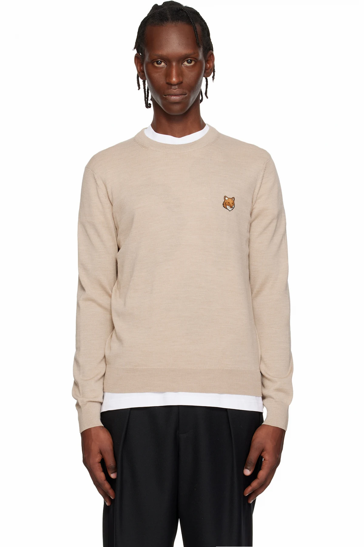 Beige Fox Head Merino Regular Sweater