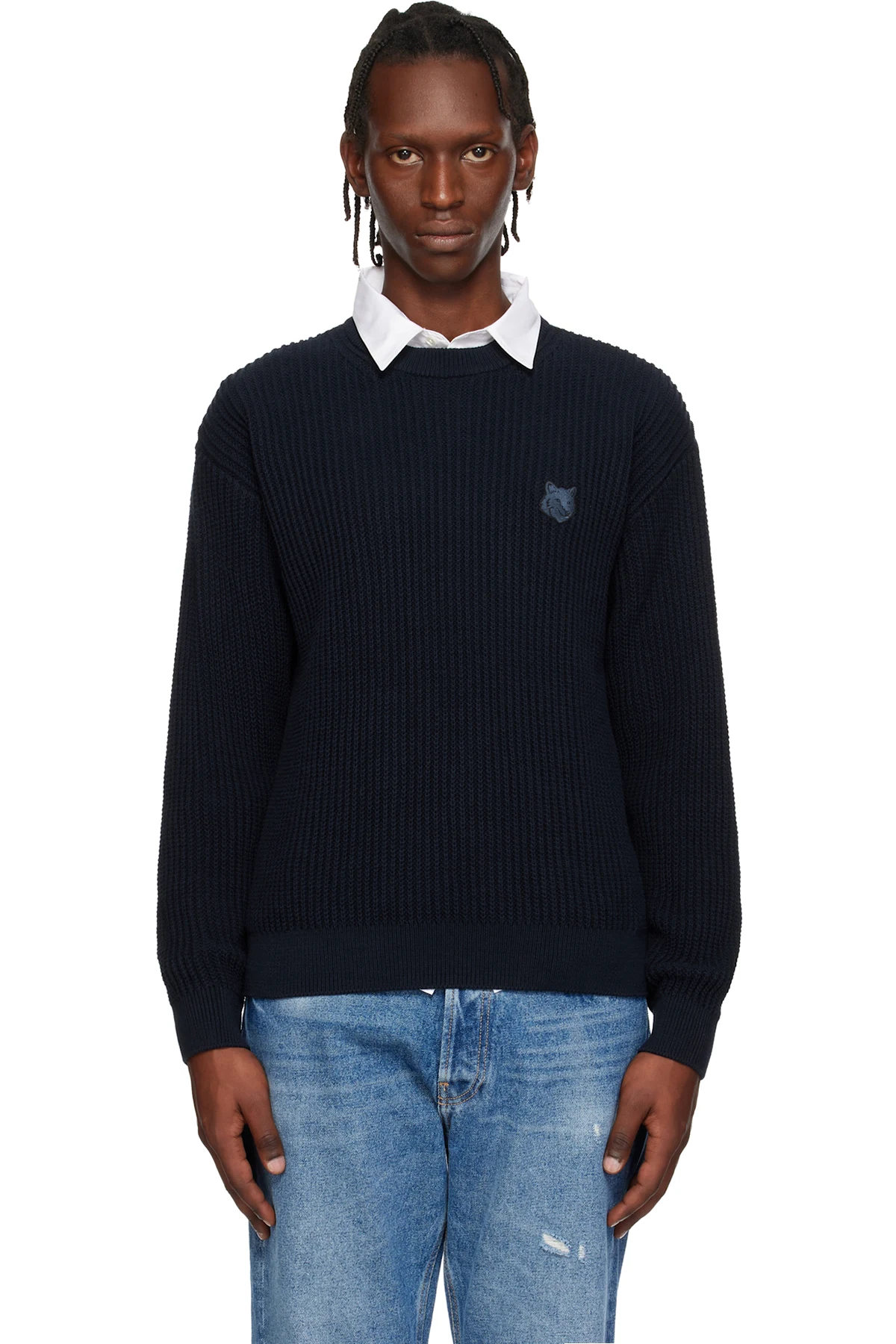 Navy Fox Head Cotton Ribbed Sweater