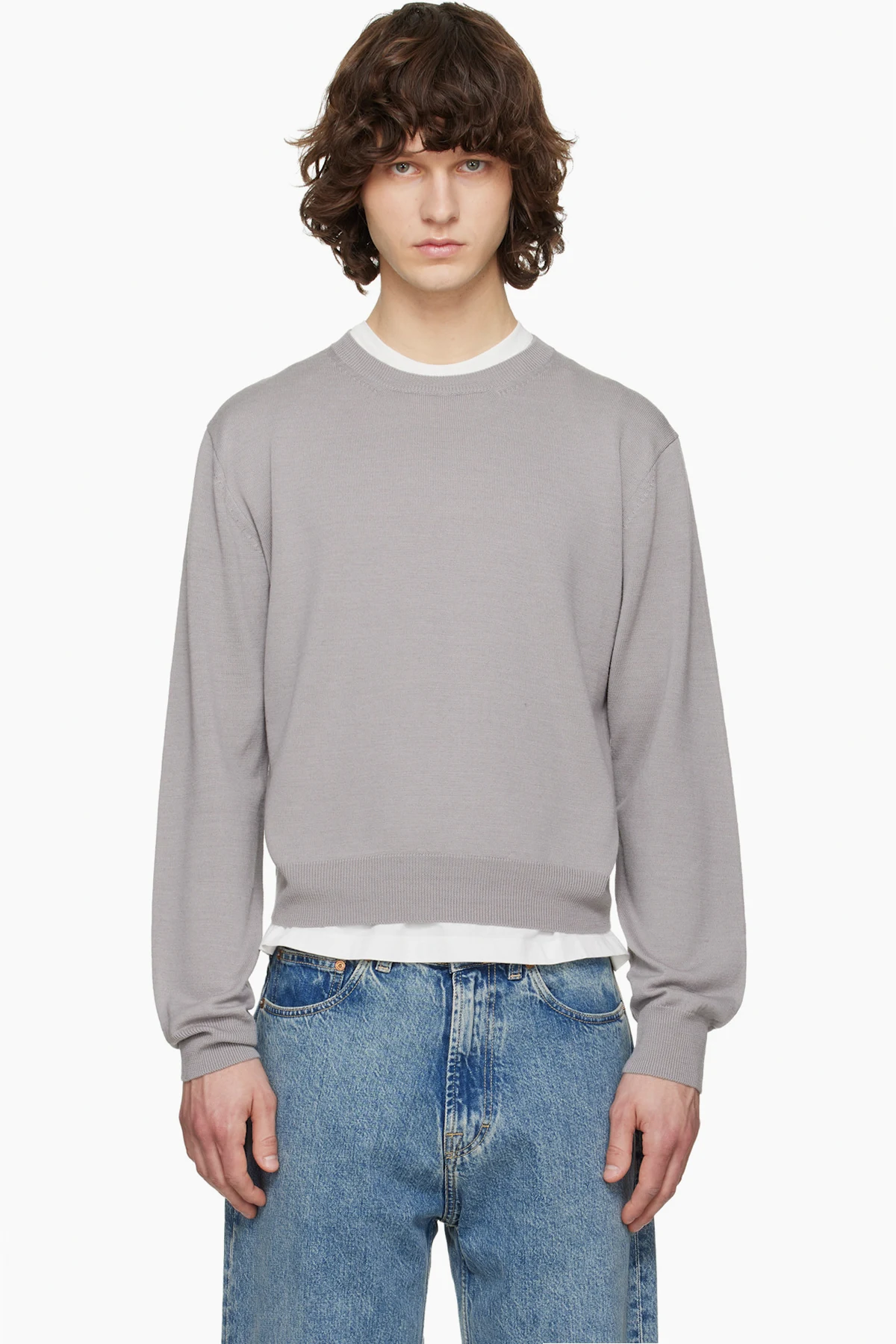Gray Extrafine Wool Crew Neck Knit Sweater