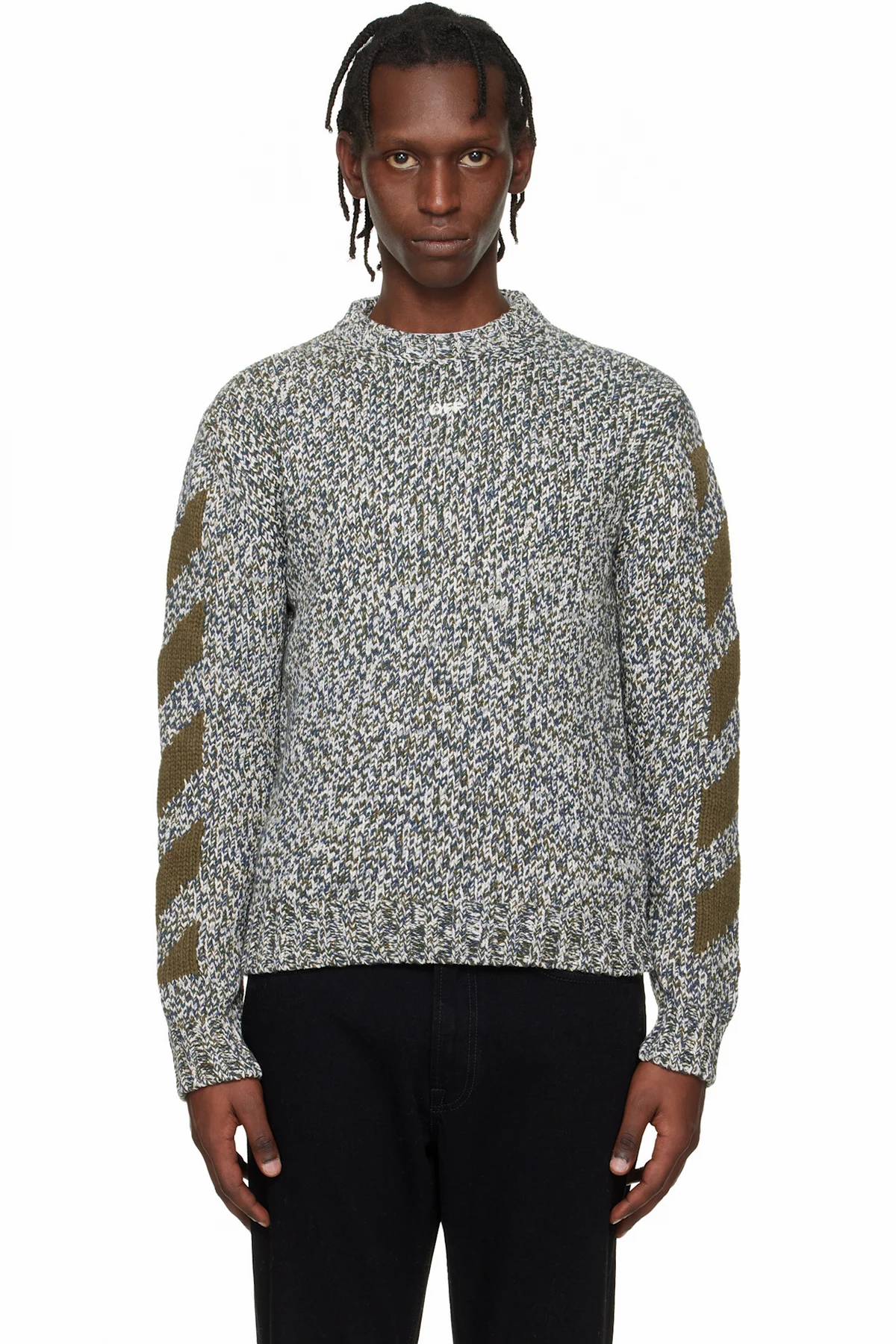Gray & Khaki Diagonal Arrow Mouliné Knit Crewneck Sweater