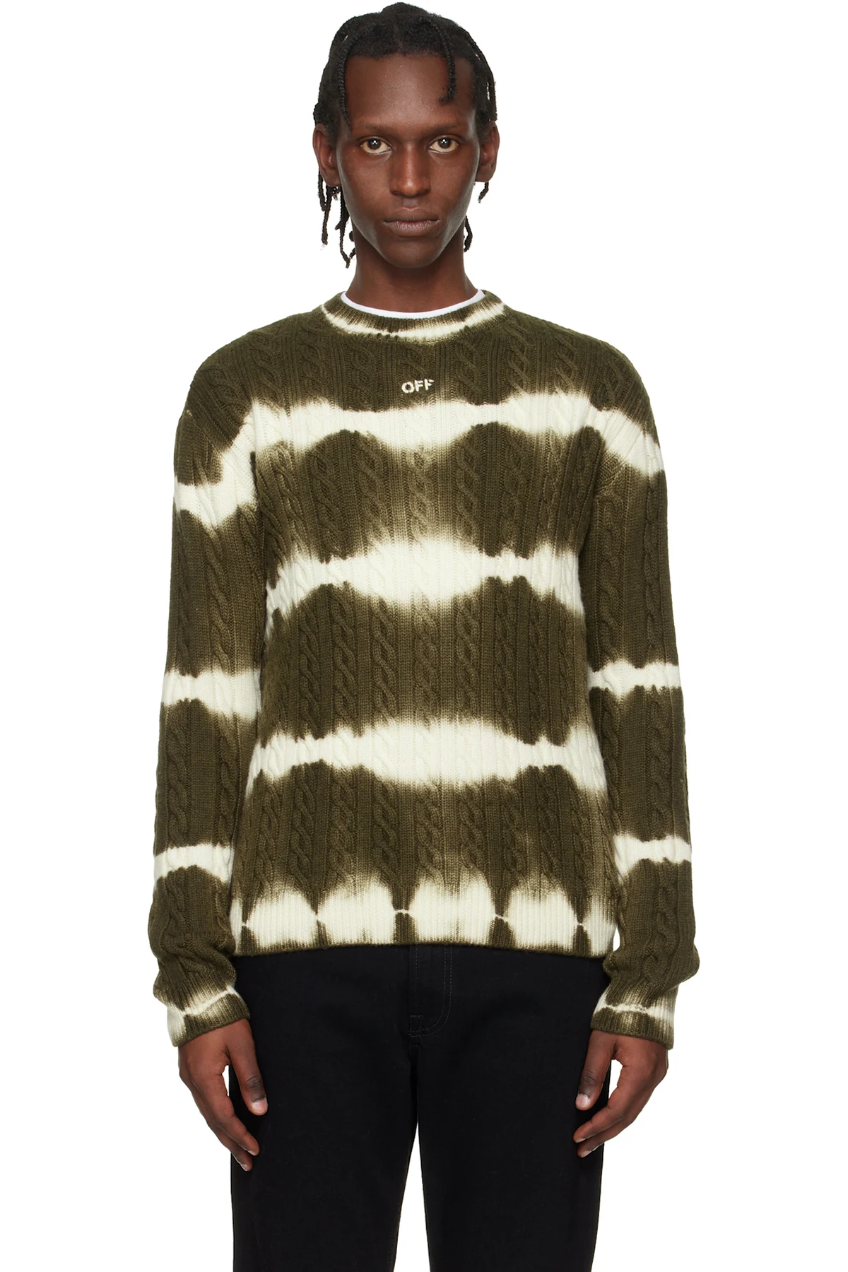 Khaki & White Off Stamp Cable Knit Crewneck Sweater