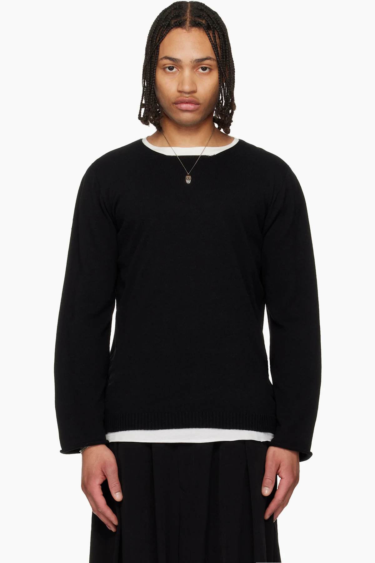 Black Cotton Cashmere Round Neck PO Knit Sweater