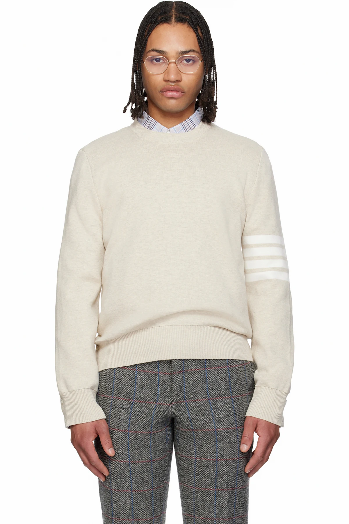 Beige Cotton Crepe 4-Bar Milano Stitch Sweater