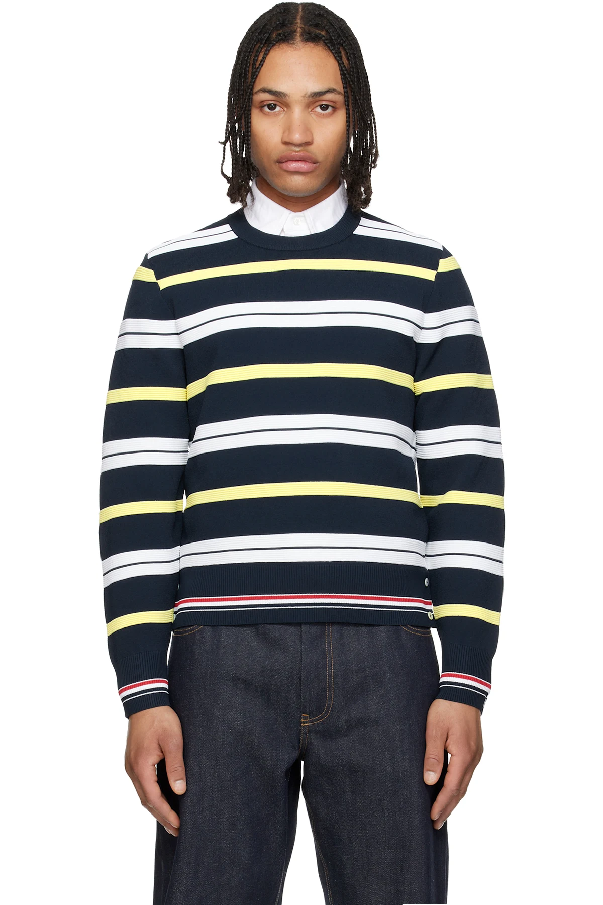 Navy Variegated Rep Stripe Ottoman Stitch Crew Neck Sweater