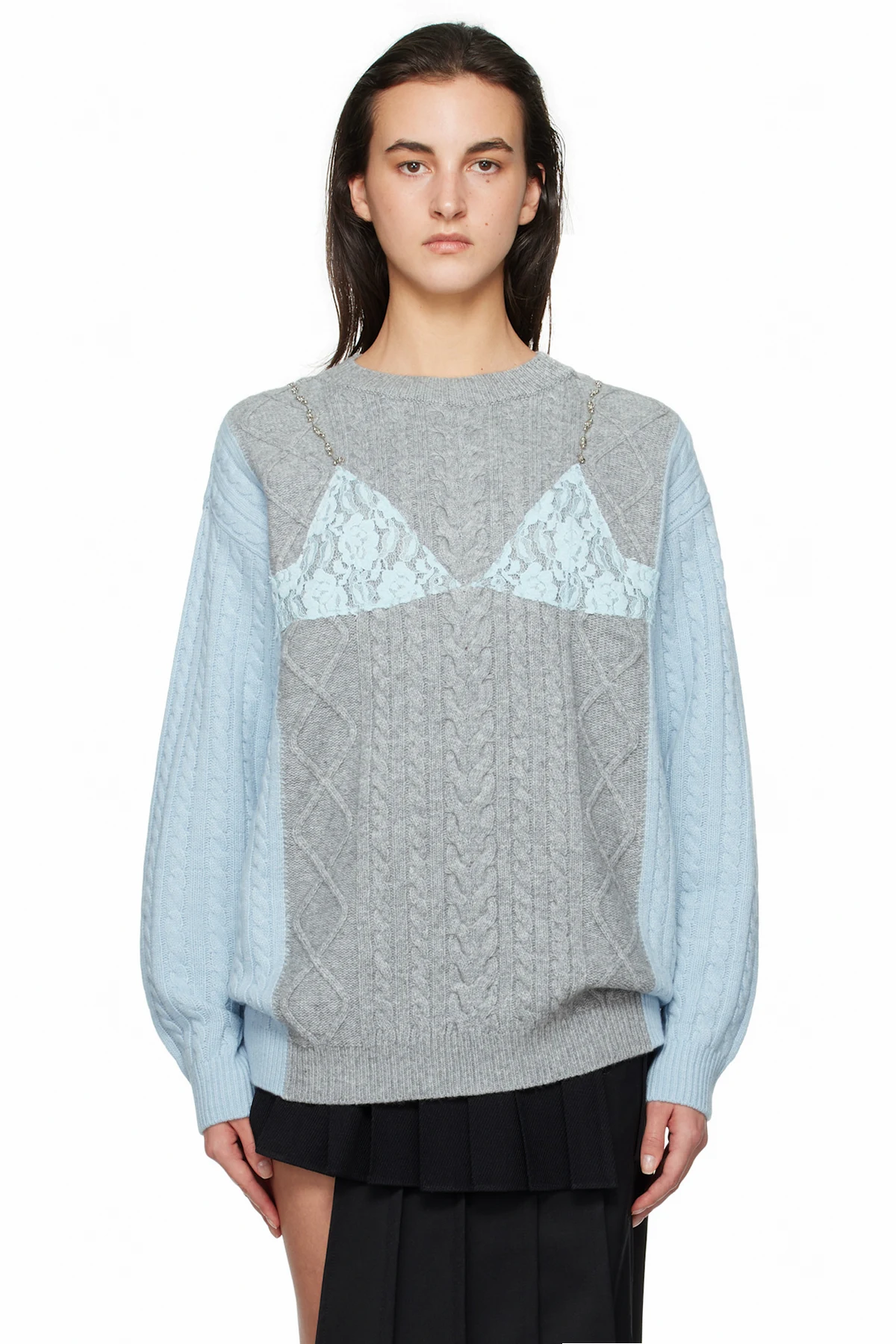 Gray & Blue Lace Lingerie Boyfriend Knit Sweater