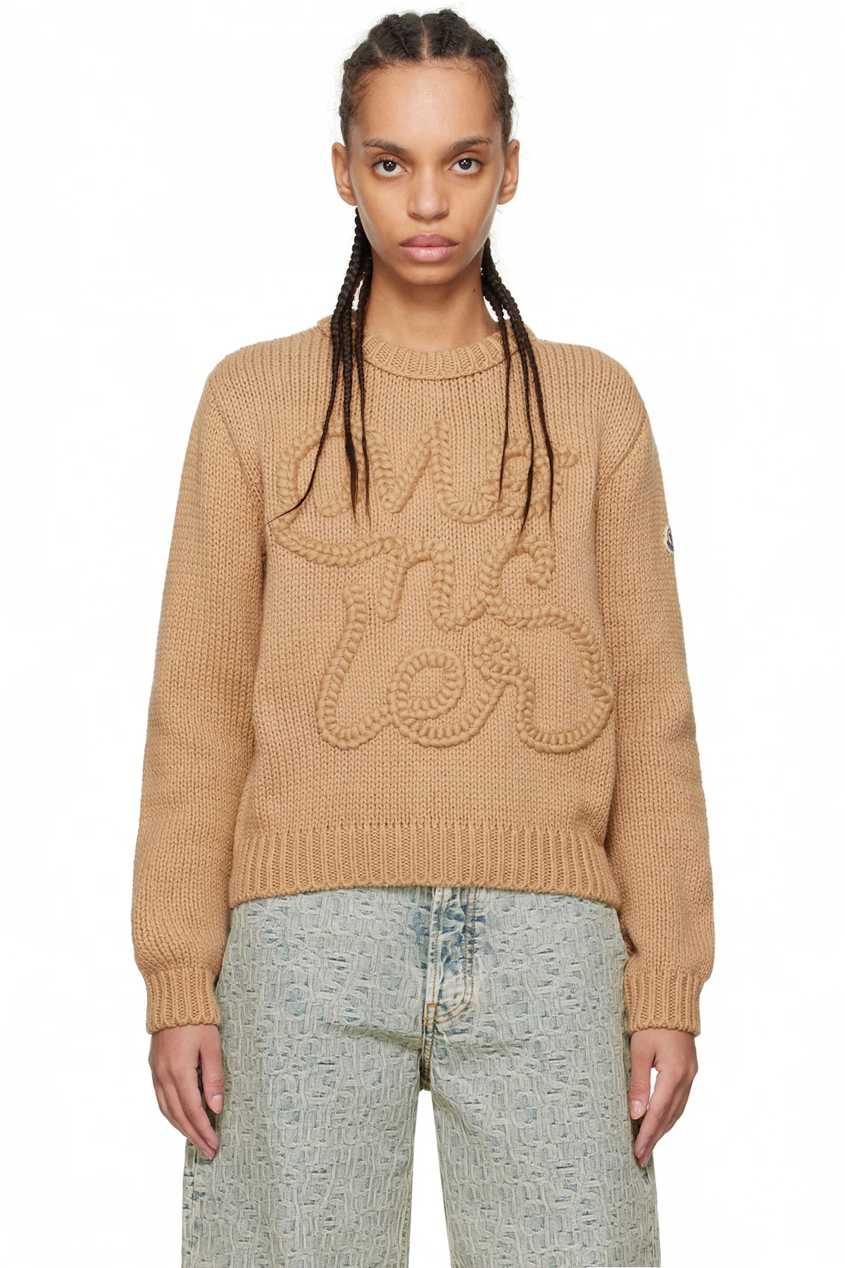 Beige Embroidered Logo Cotton Sweater