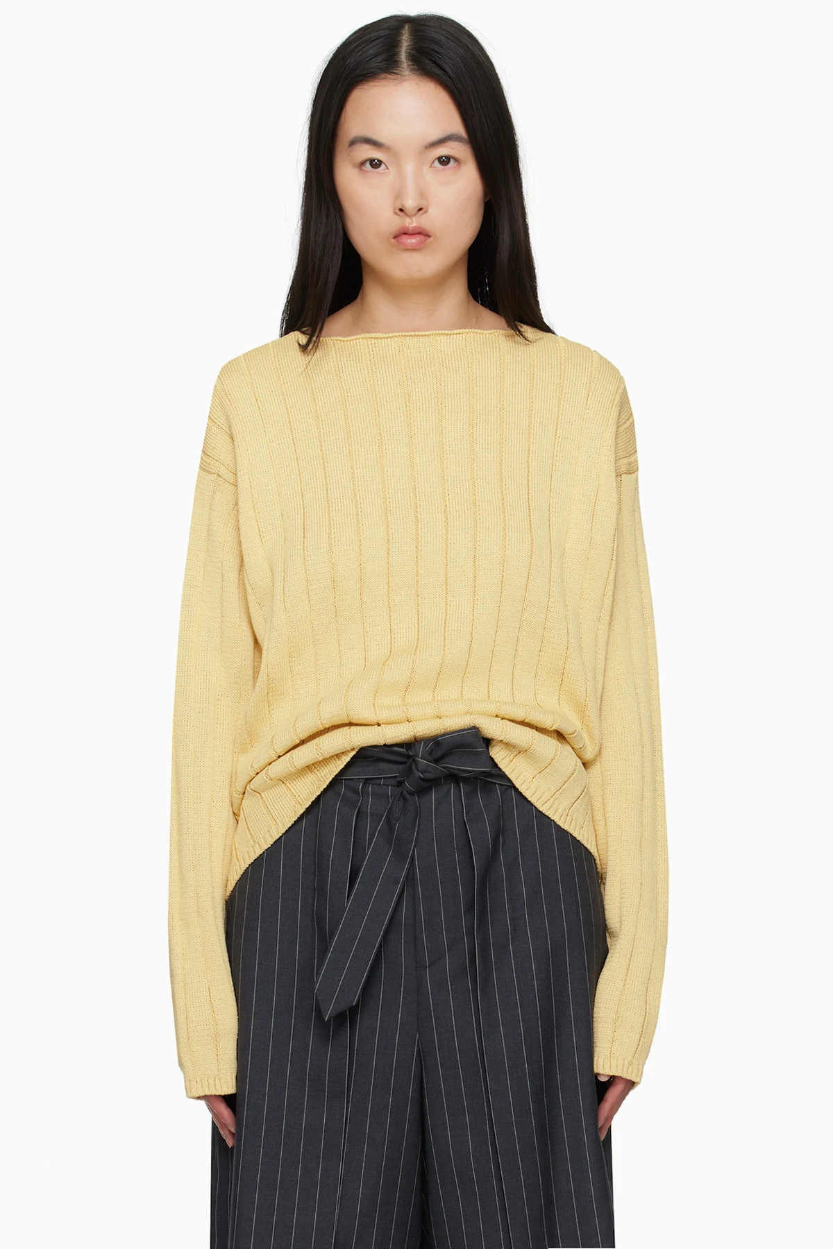 Yellow Flat Cord Yarn Boat Neck Sweater