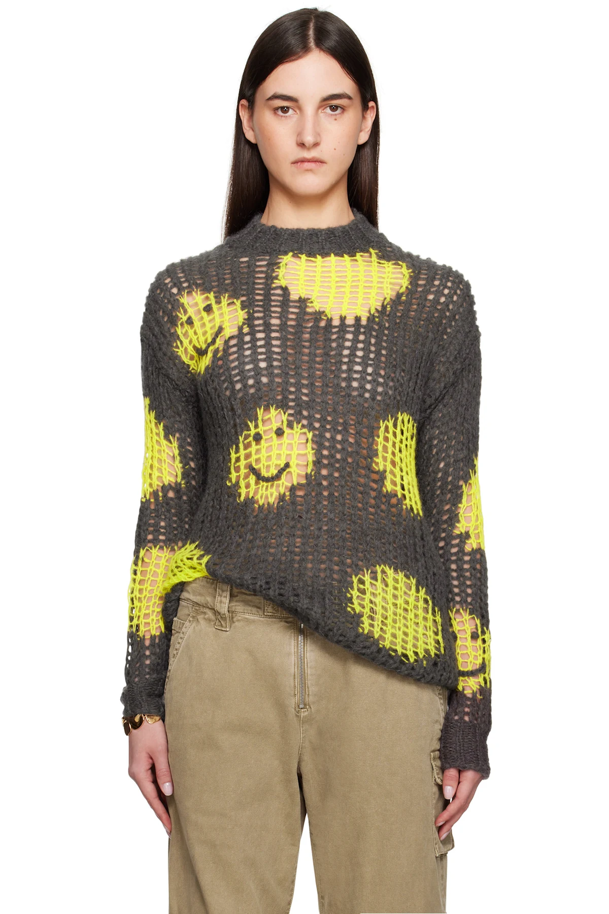Gray & Yellow Embroidered Mohair Sweater