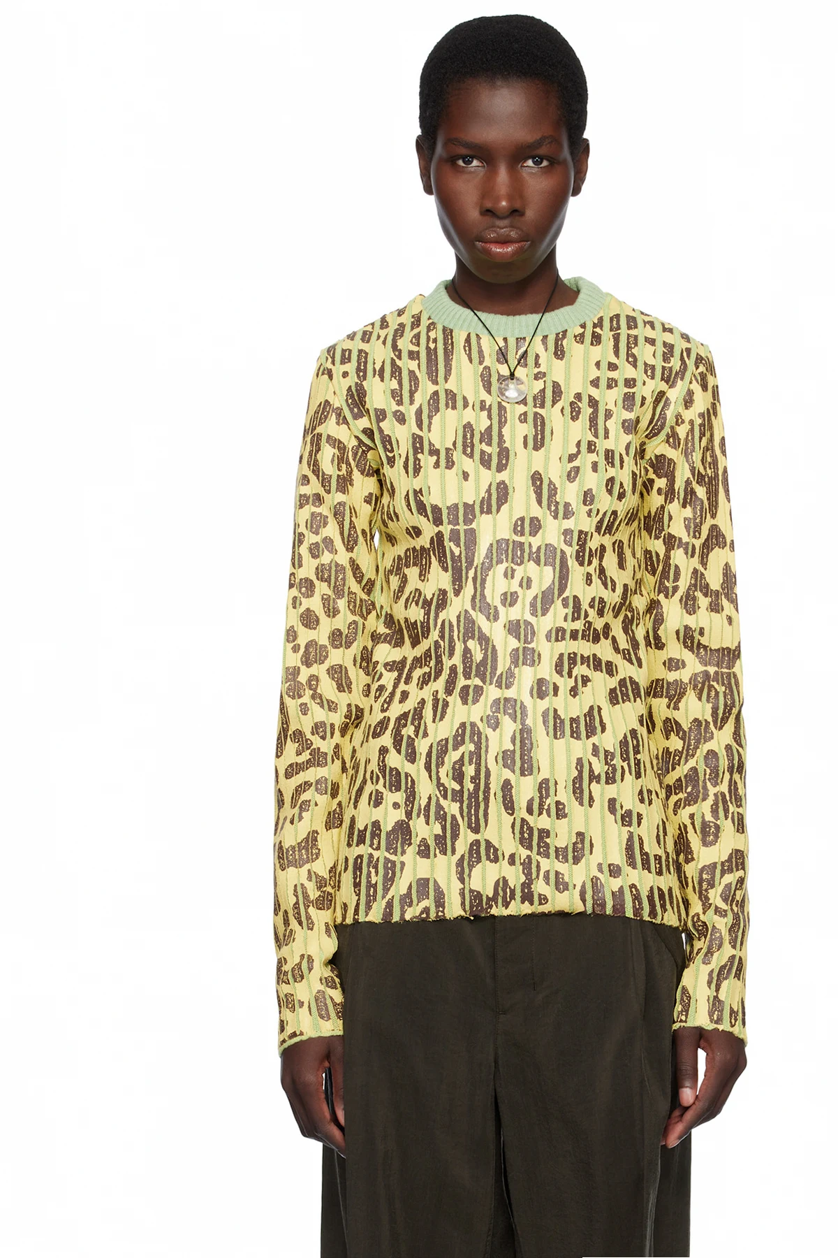 Yellow & Green Leopard Print Plated Knit Crewneck Sweater