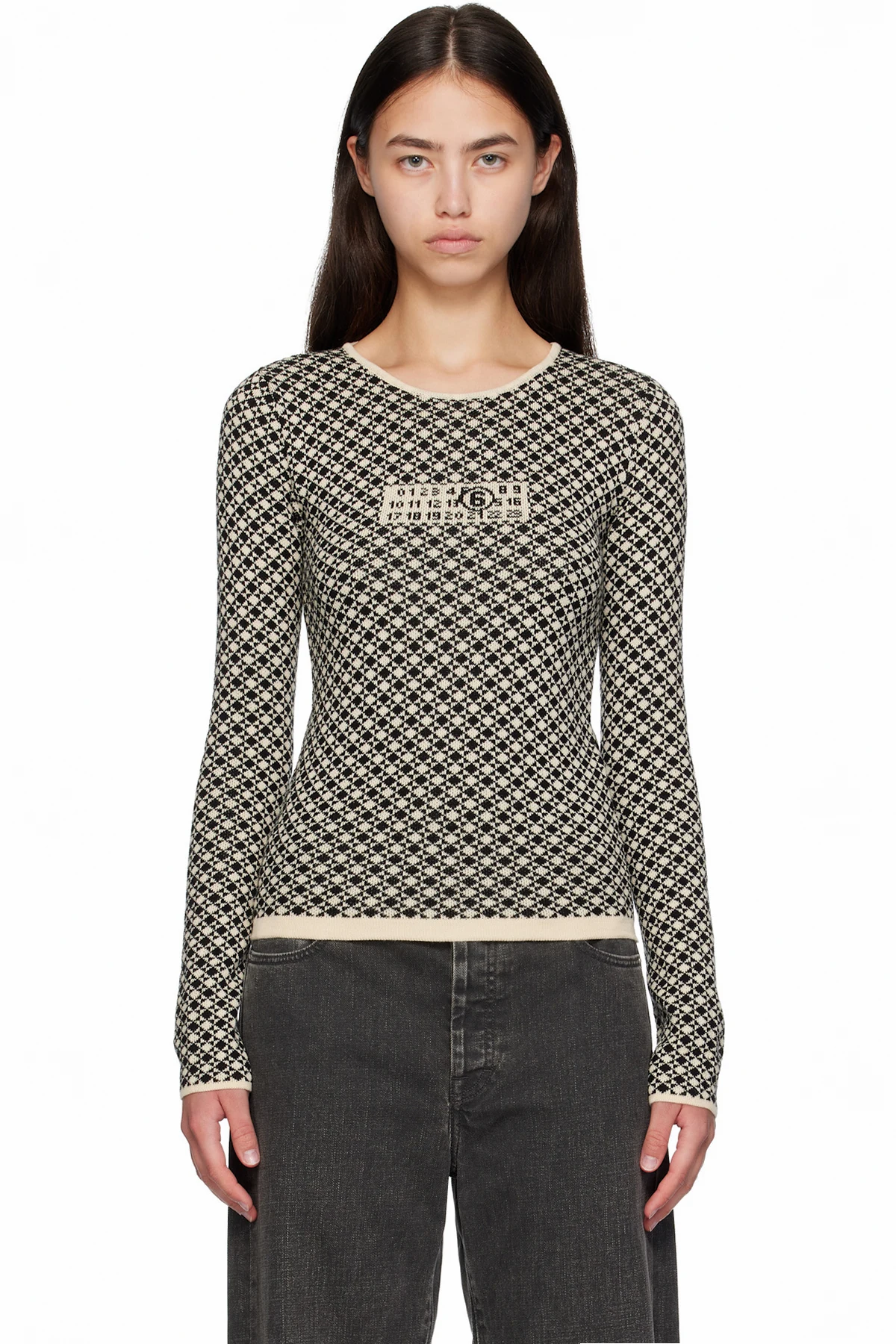 Beige & Black Allover Check Sweater