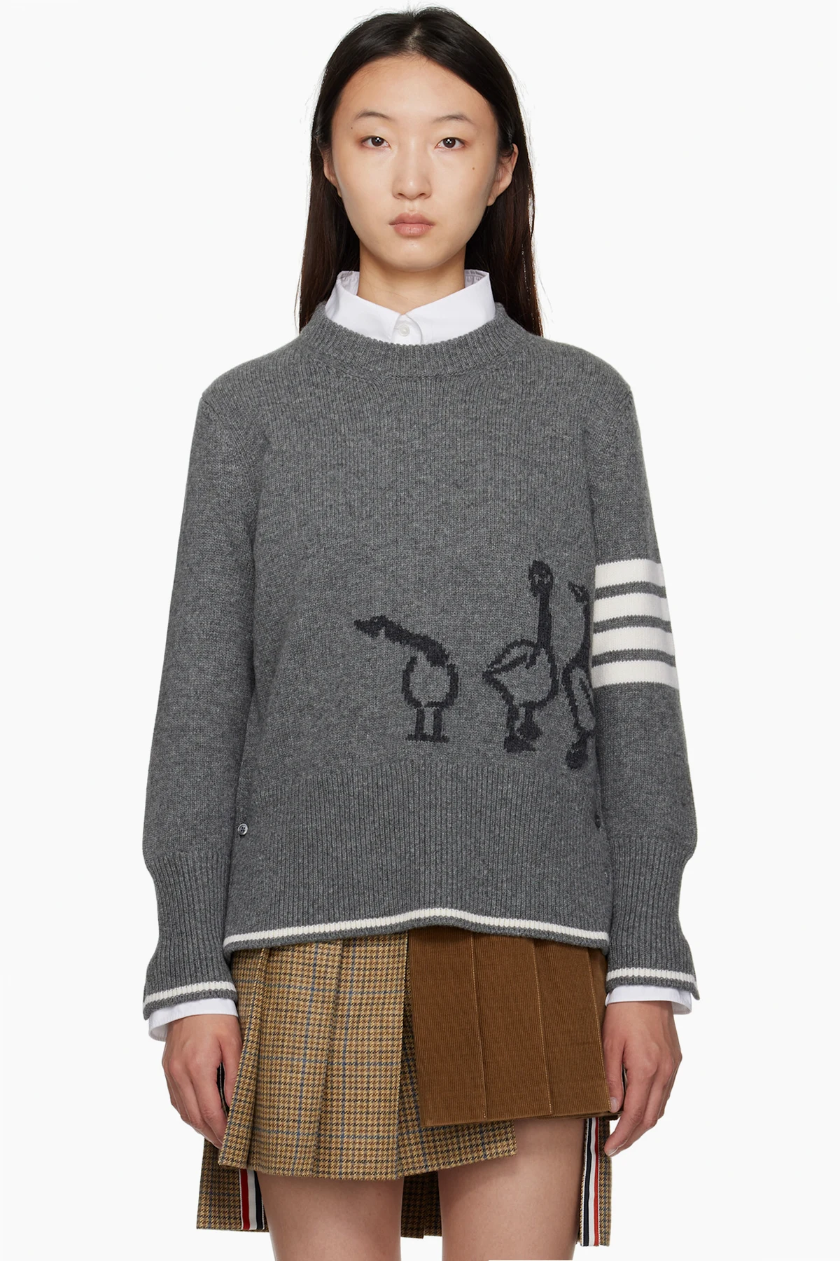 Gray Fine Merino Intarsia Geese 4-Bar Sweater