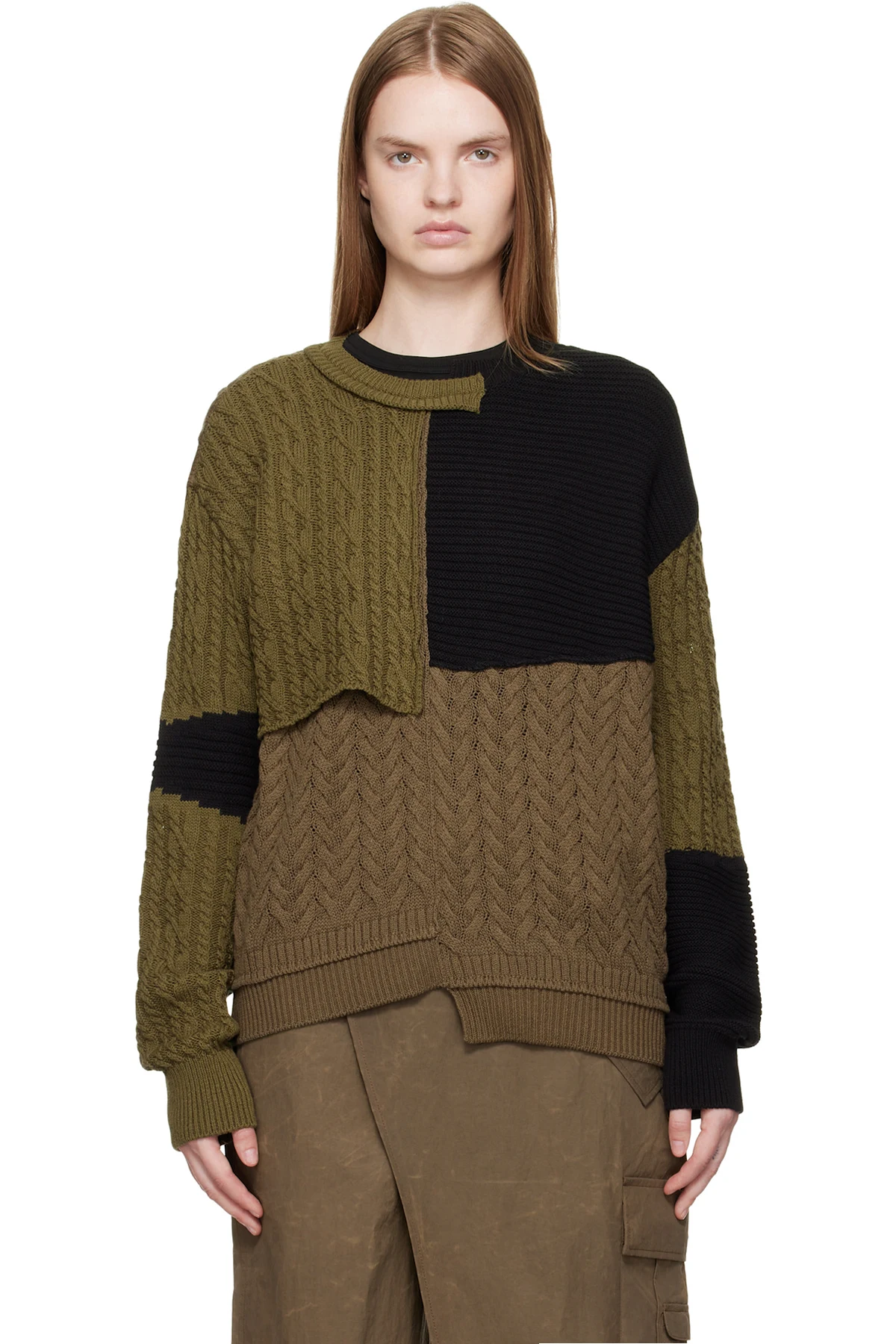 Black & Brown Patchwork Asymmetric Crewneck Sweater