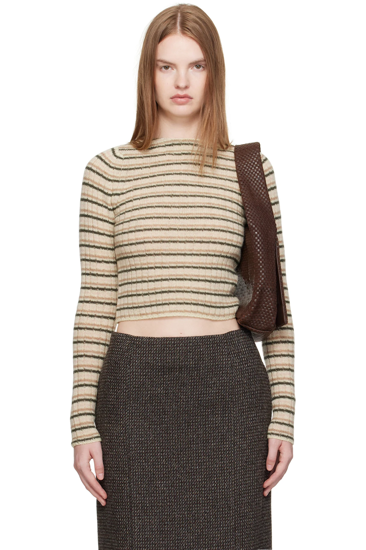 Beige Shetland Wool Cashmere Rib Knit Boat-Neck Sweater