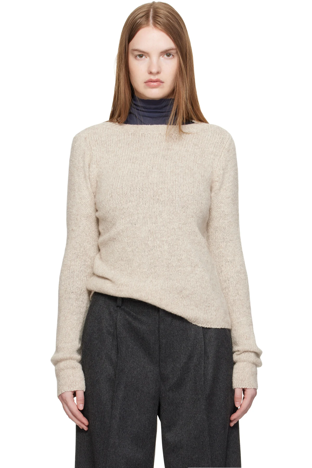 Beige Cashmere Melange Knit Sweater