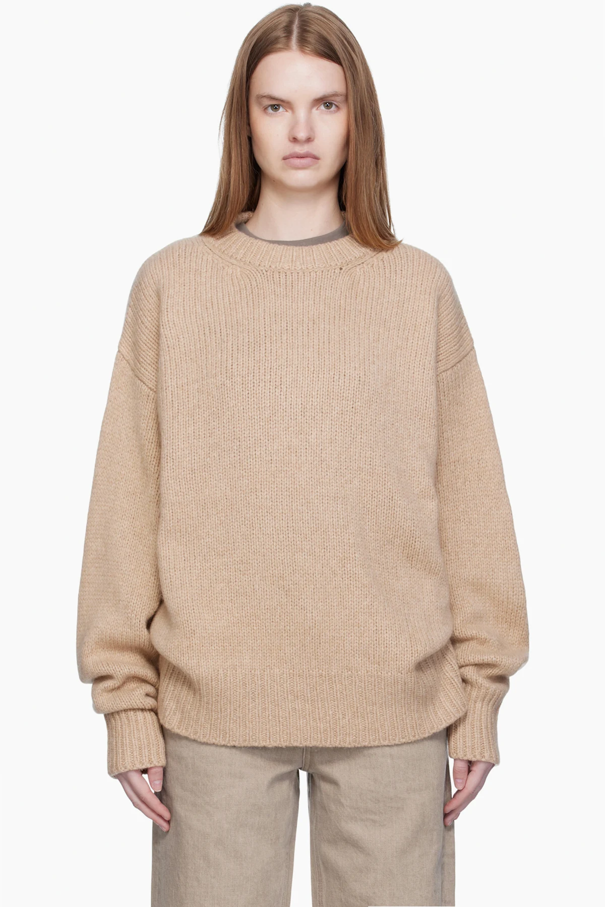 Beige Crew Neck Oversized Sweater