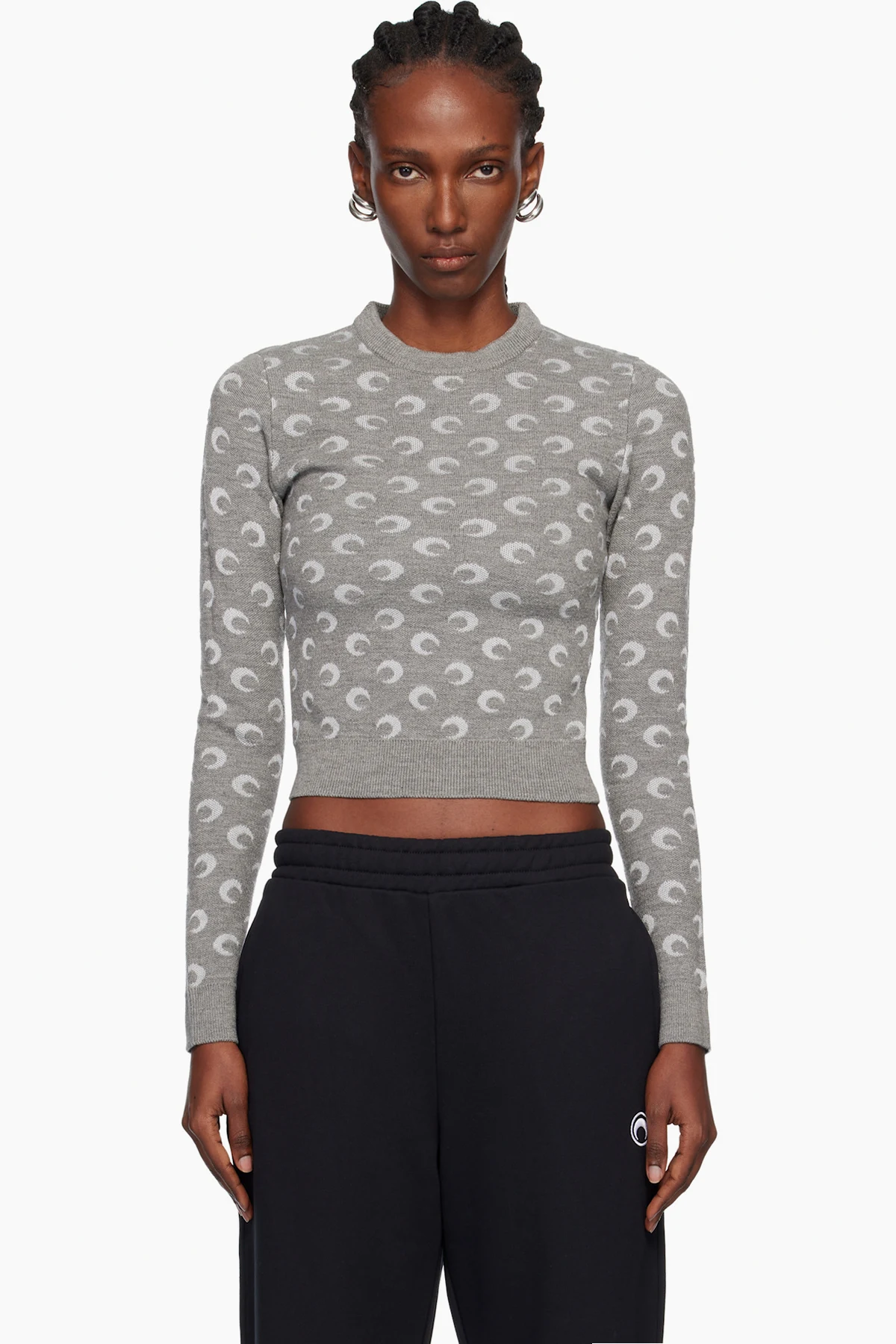 Gray Moon Jacquard Knit Fitted Crewneck Sweater