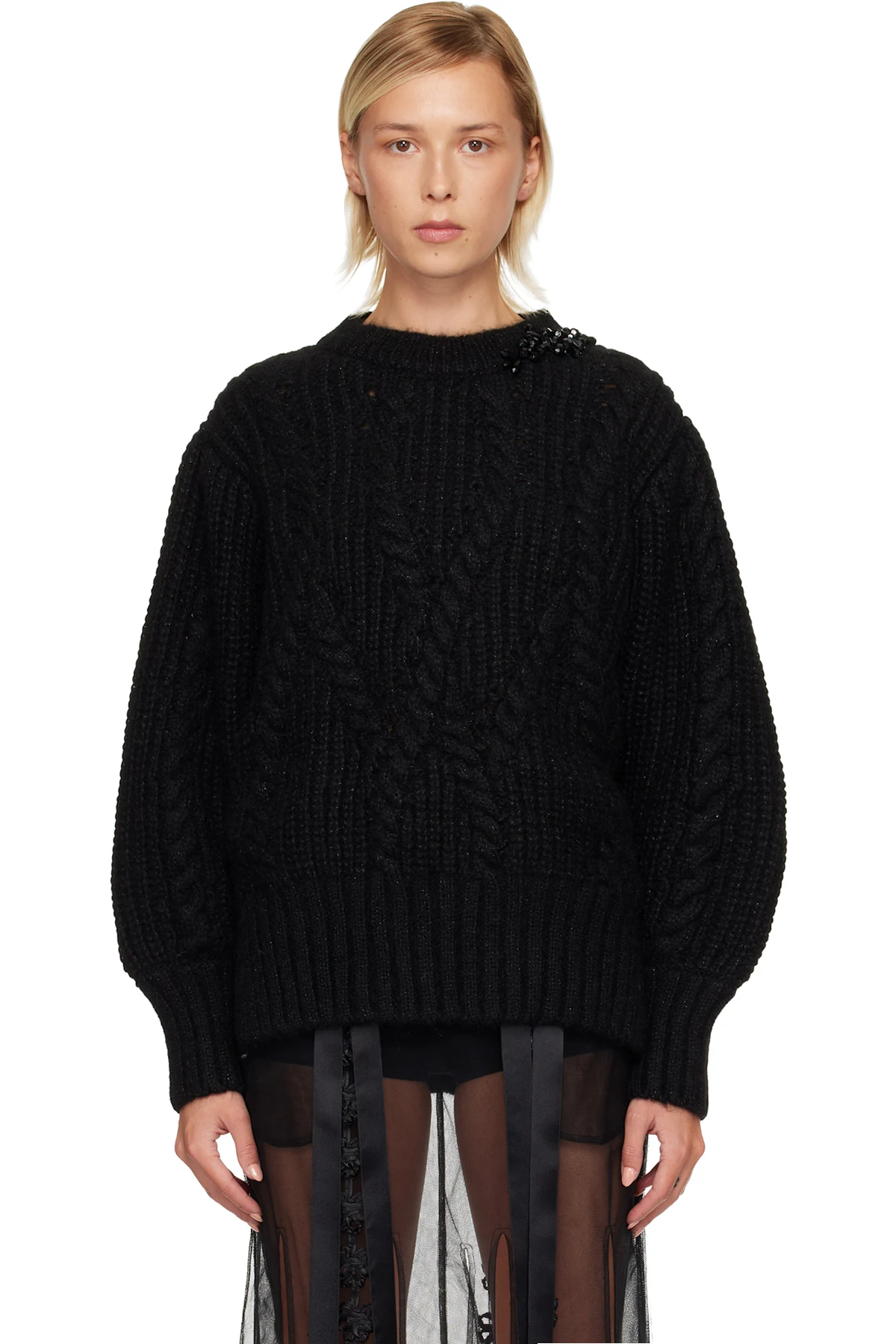 Black Embellished Puff Sleeve Chunky Knit Sweater