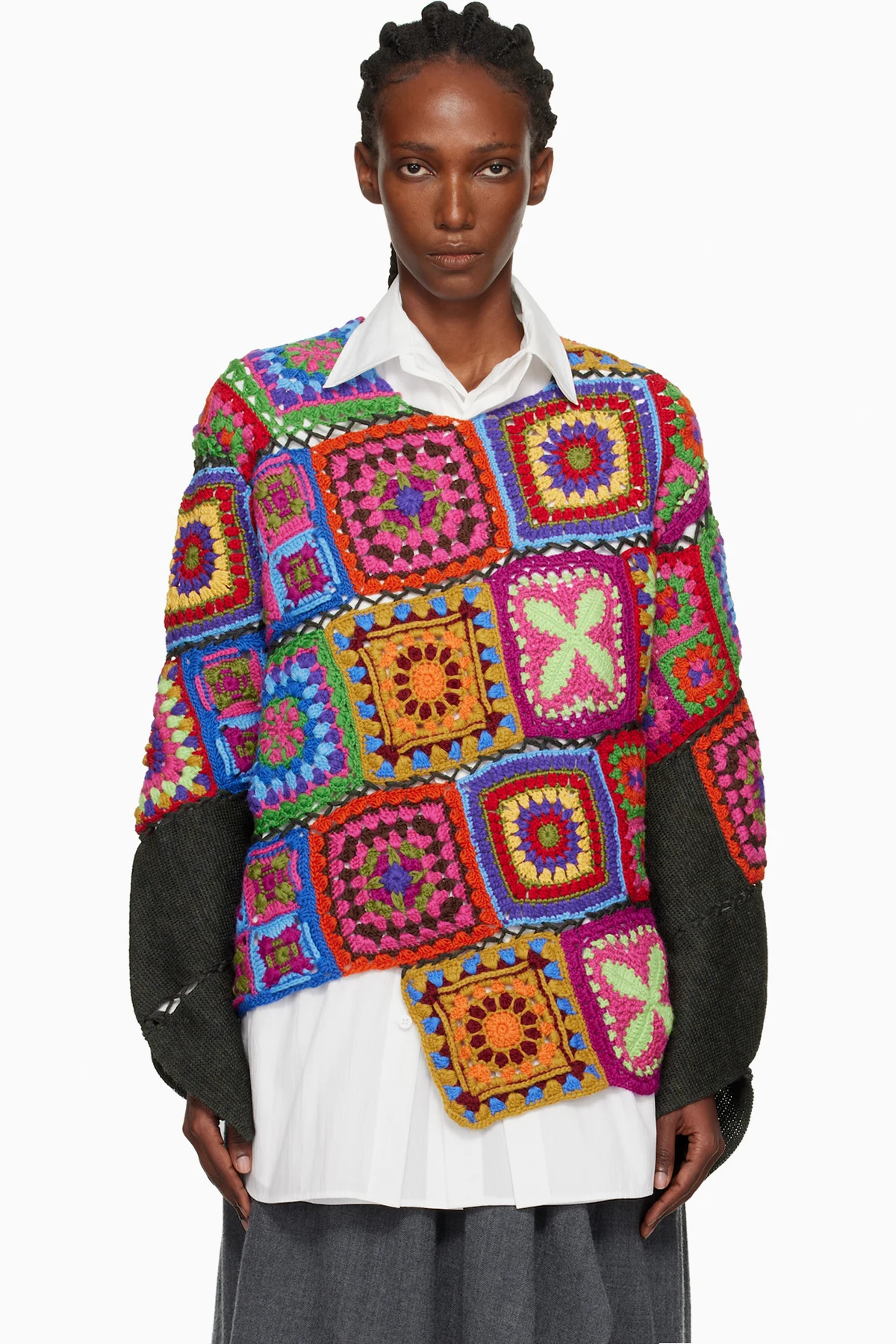 Multicolor Multi Fabric Crochet Stitch Motif Knit Sweater
