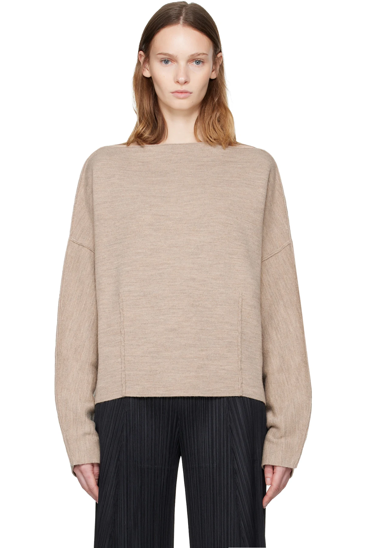 Beige Double Knit Boatneck Sweater