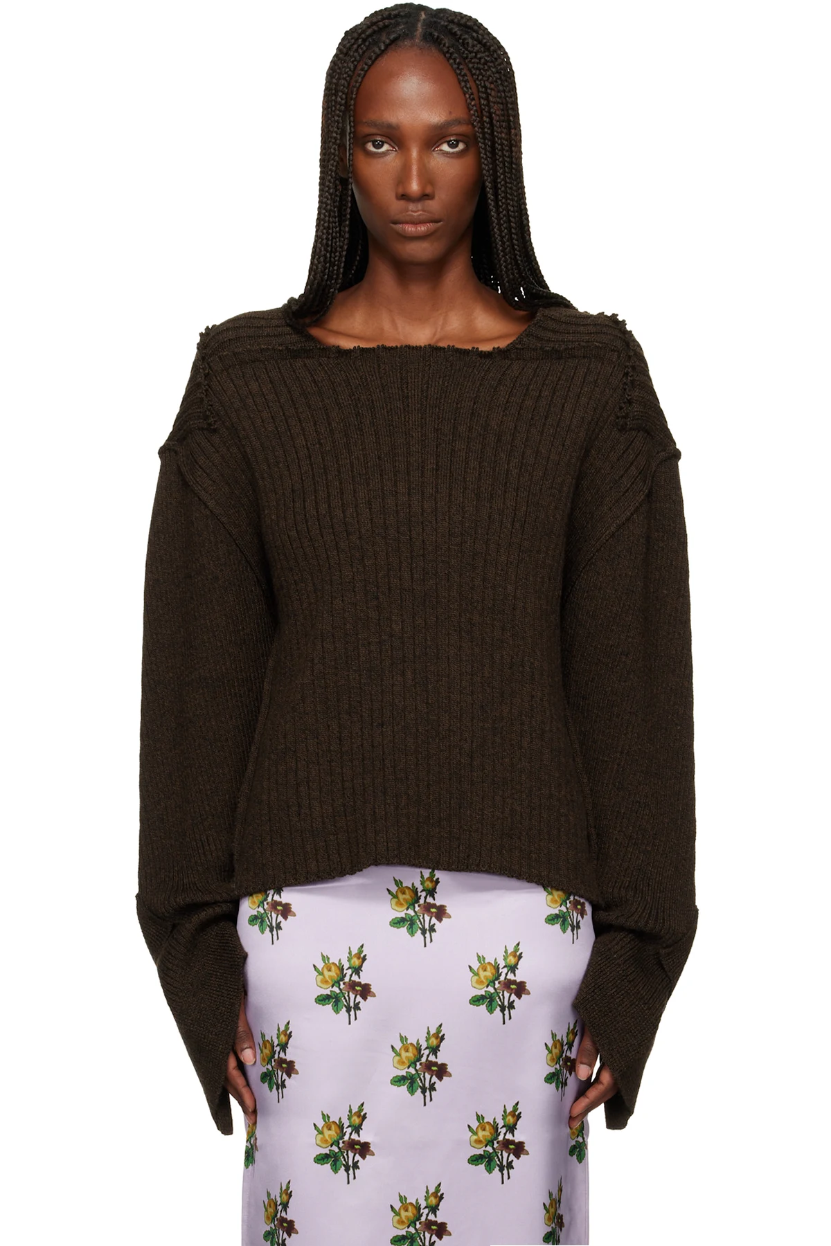 Brown Raw Edge Boat Neck Sweater