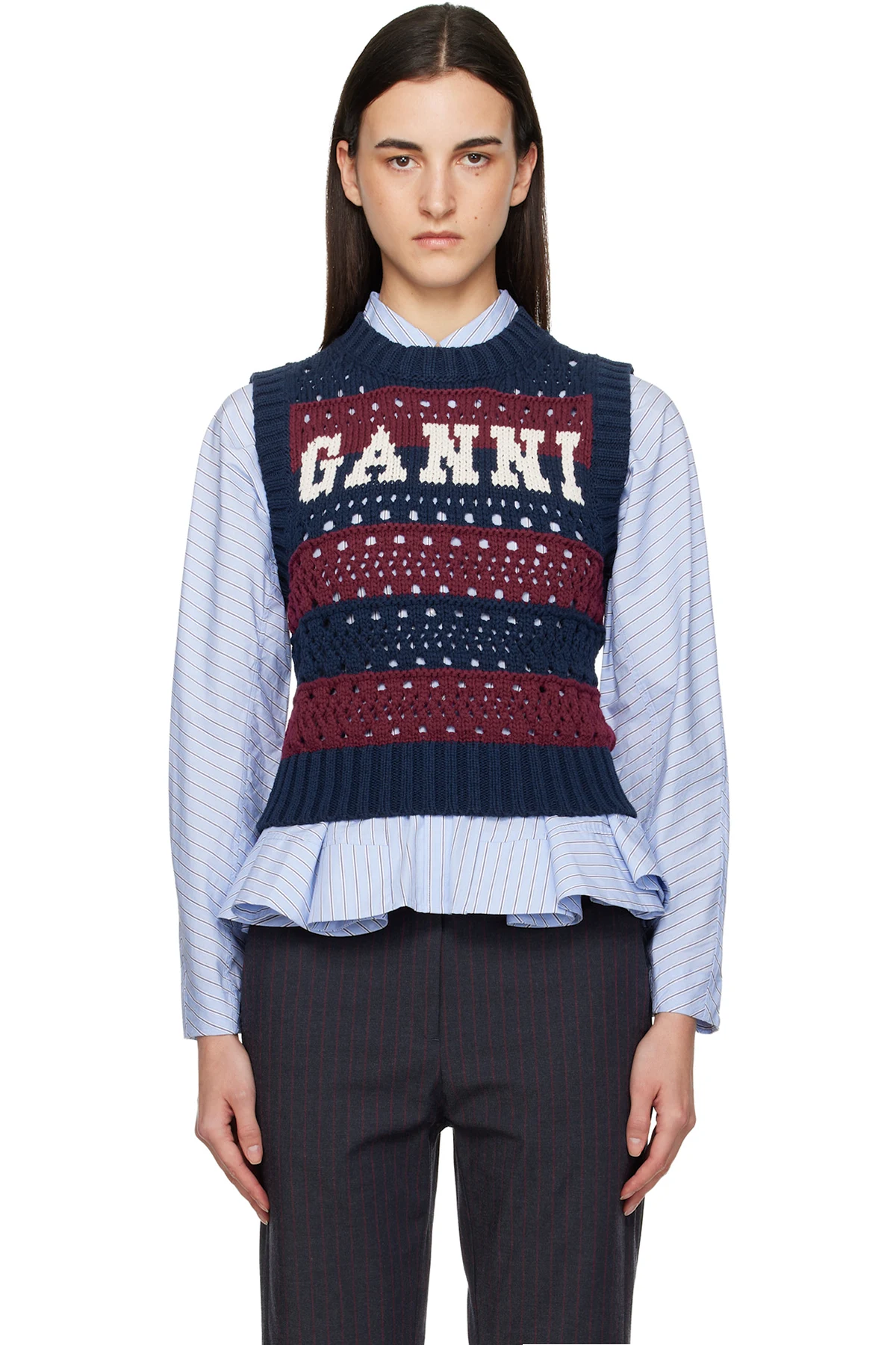 Navy & Burgundy Cotton Mixed Stripe Vest