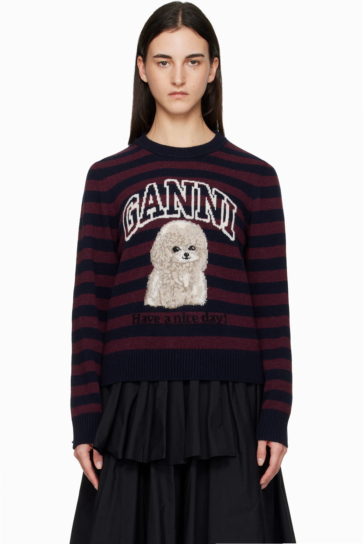 Burgundy Graphic Wool Mix Poodle Stripe Sweater