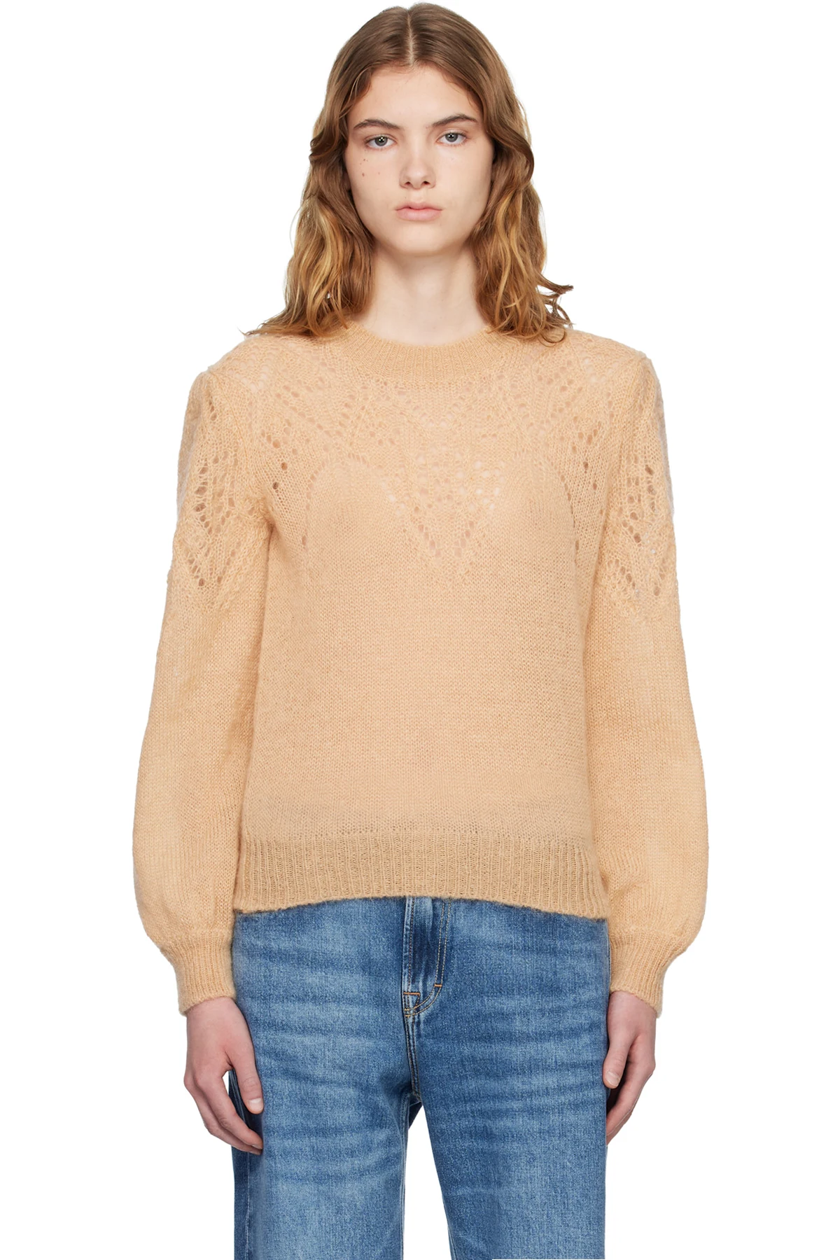 Tan Jenia Openwork Mohair Knit Sweater