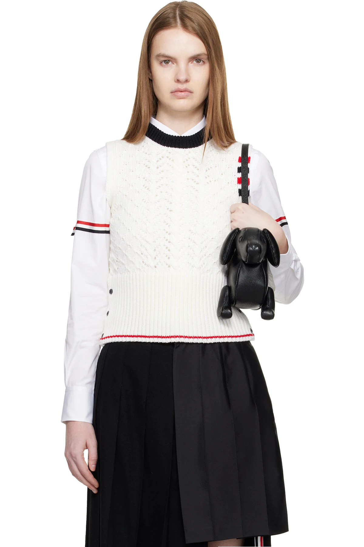 White Cable Pointelle Stitch 4-Bar Sweater Vest