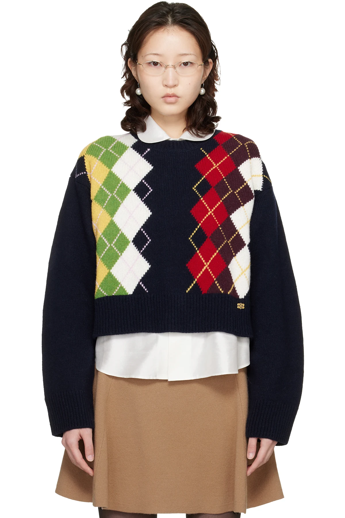 Navy Chunky Wool Mix Argyle Knit Sweater