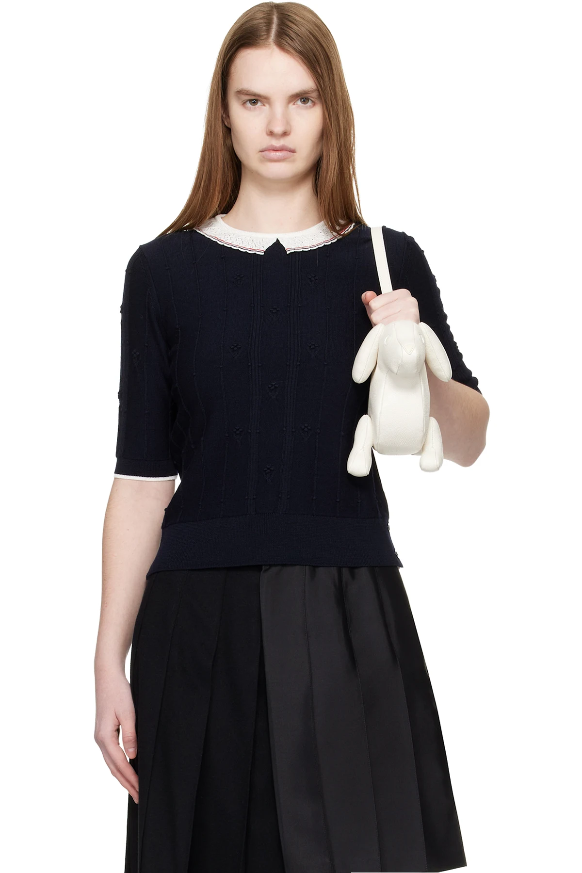 Navy Bobble Stitch Short Sleeve Sweater