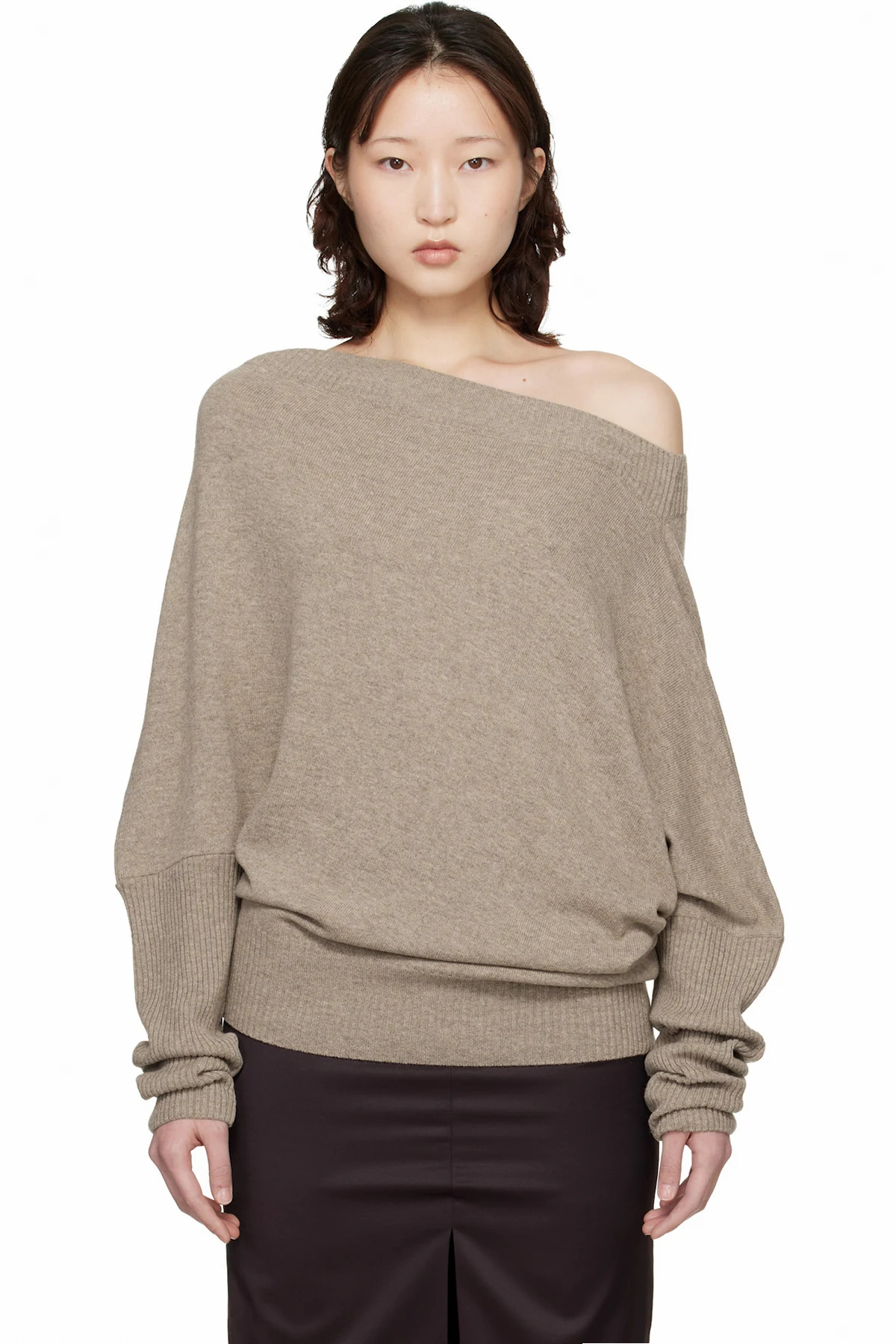Taupe Merino Wool Off-Shoulder Sweater