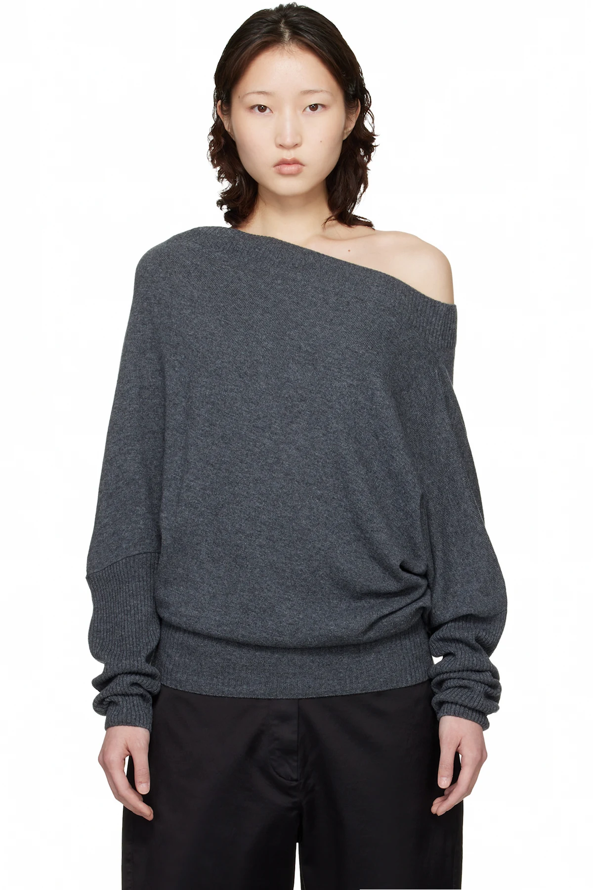 Gray Merino Wool Off-Shoulder Sweater