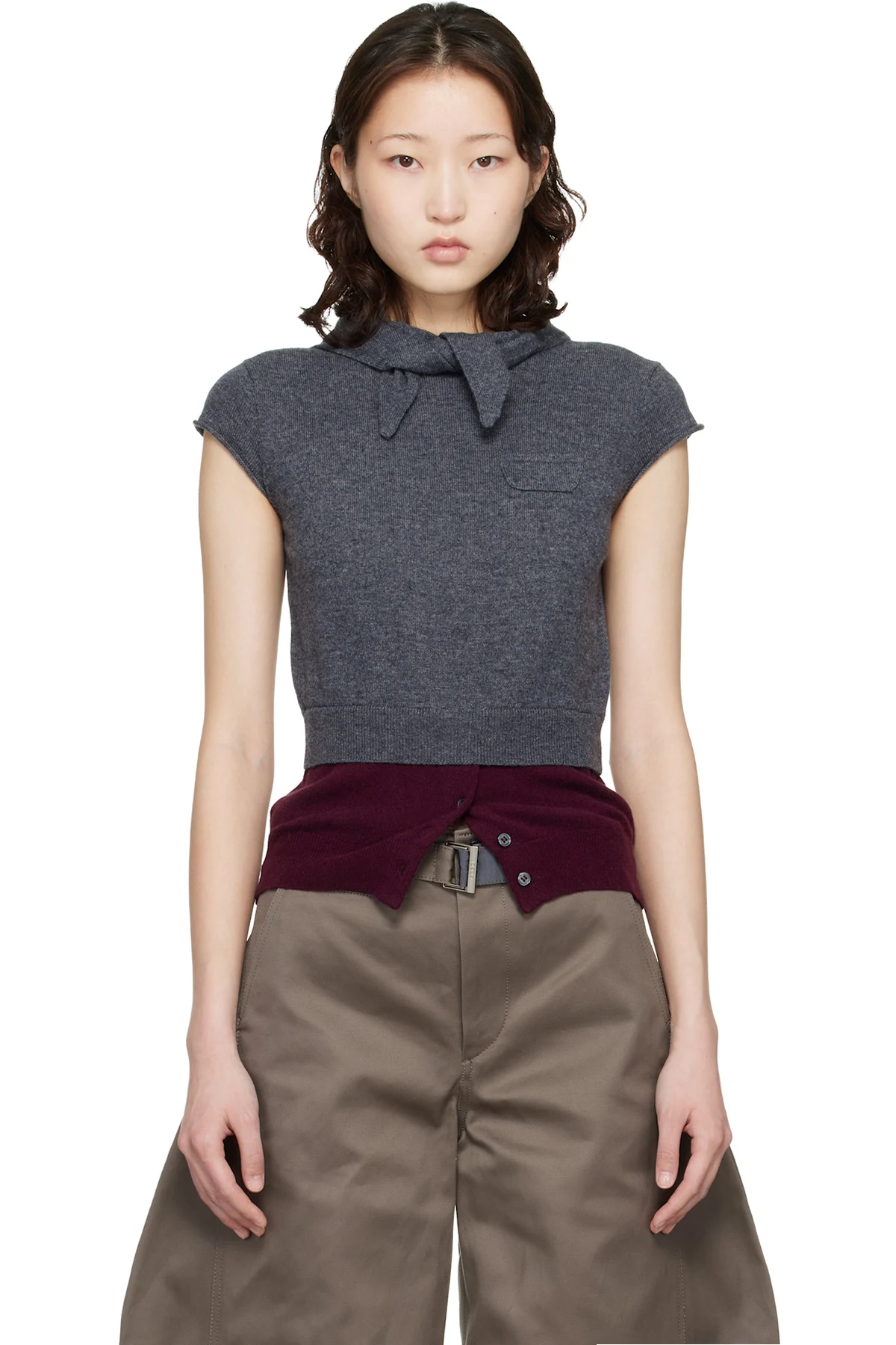 Gray & Burgundy Crew Neck Cap Sleeve Bandana Sweater