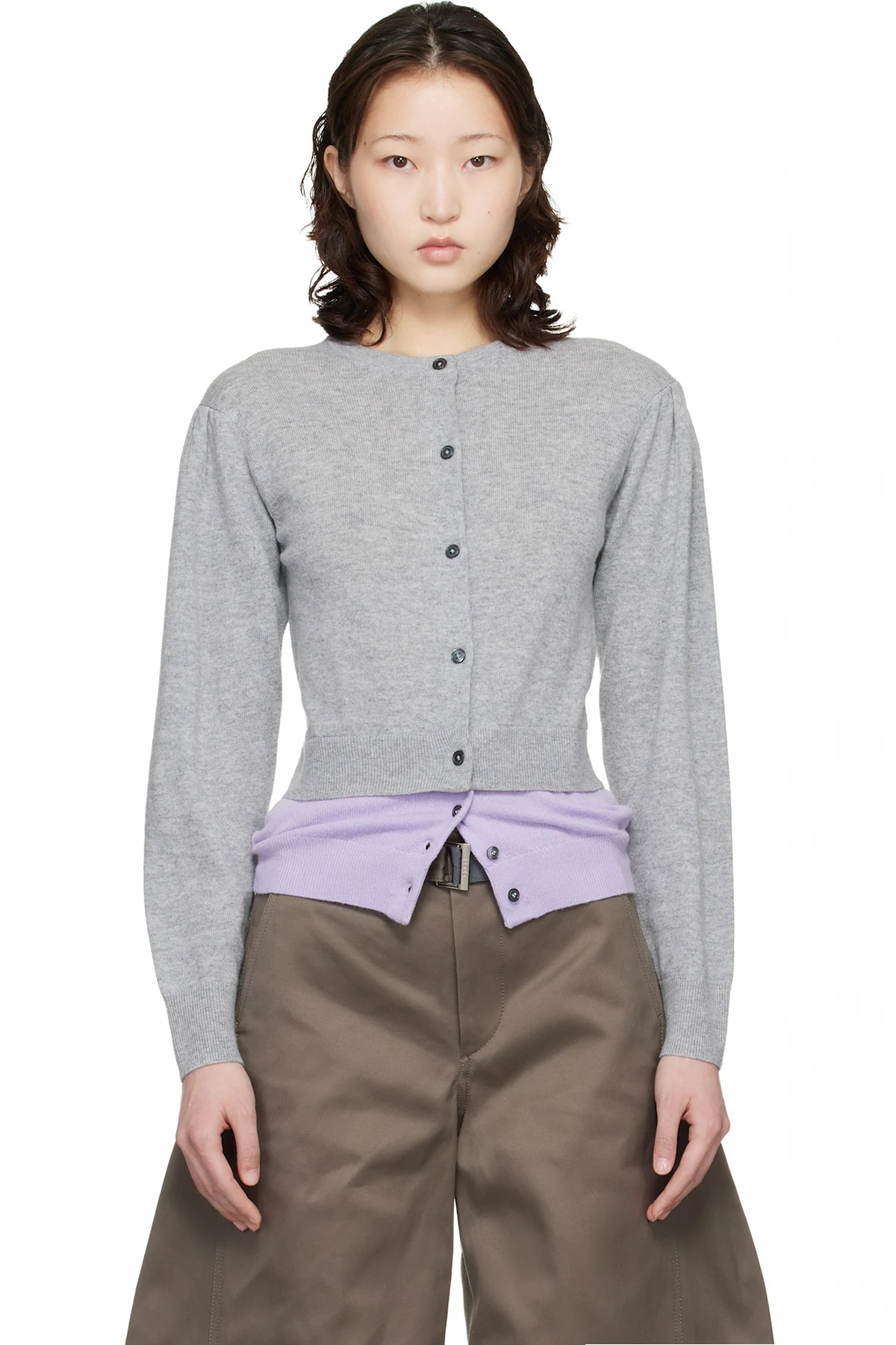 Gray & Purple Crew Neck Double Cardigan