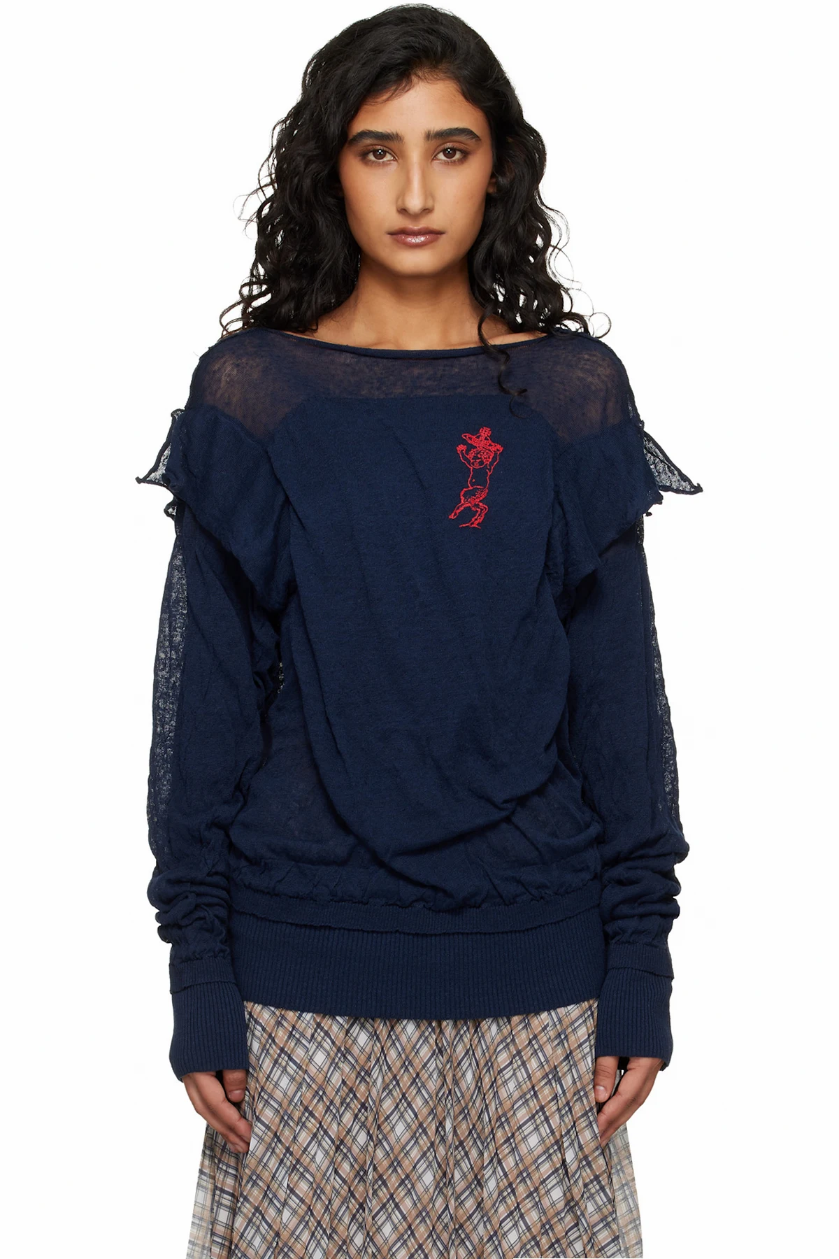 Navy Linen Cotton Blend Crinkled Sweater