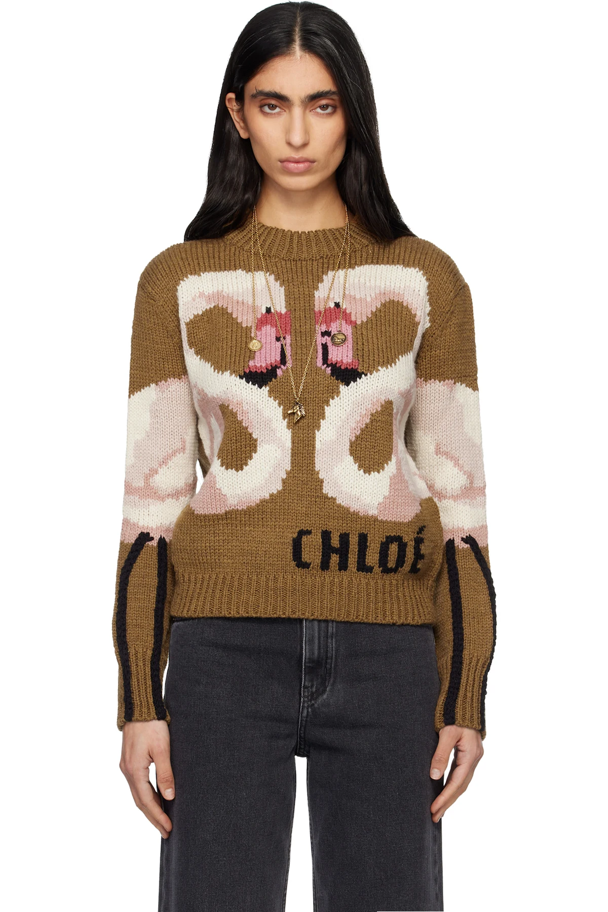 Brown Crew-Neck Logo Wool Knit Sweater