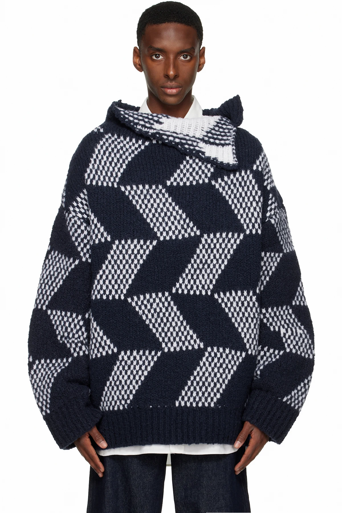 Navy & White Oversized Graphic Turtleneck