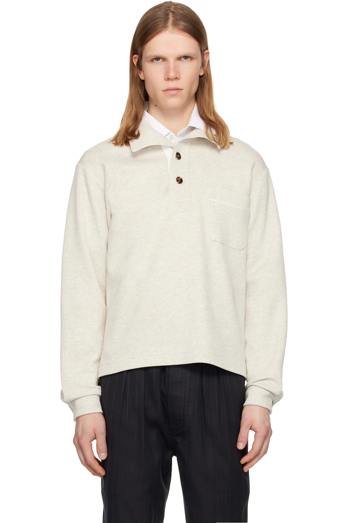 Beige Cotton Silk Cashmere Half Button Sweatshirt