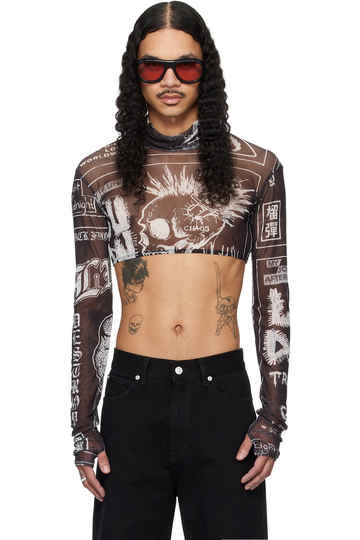 Black Masked Mesh Crop Top