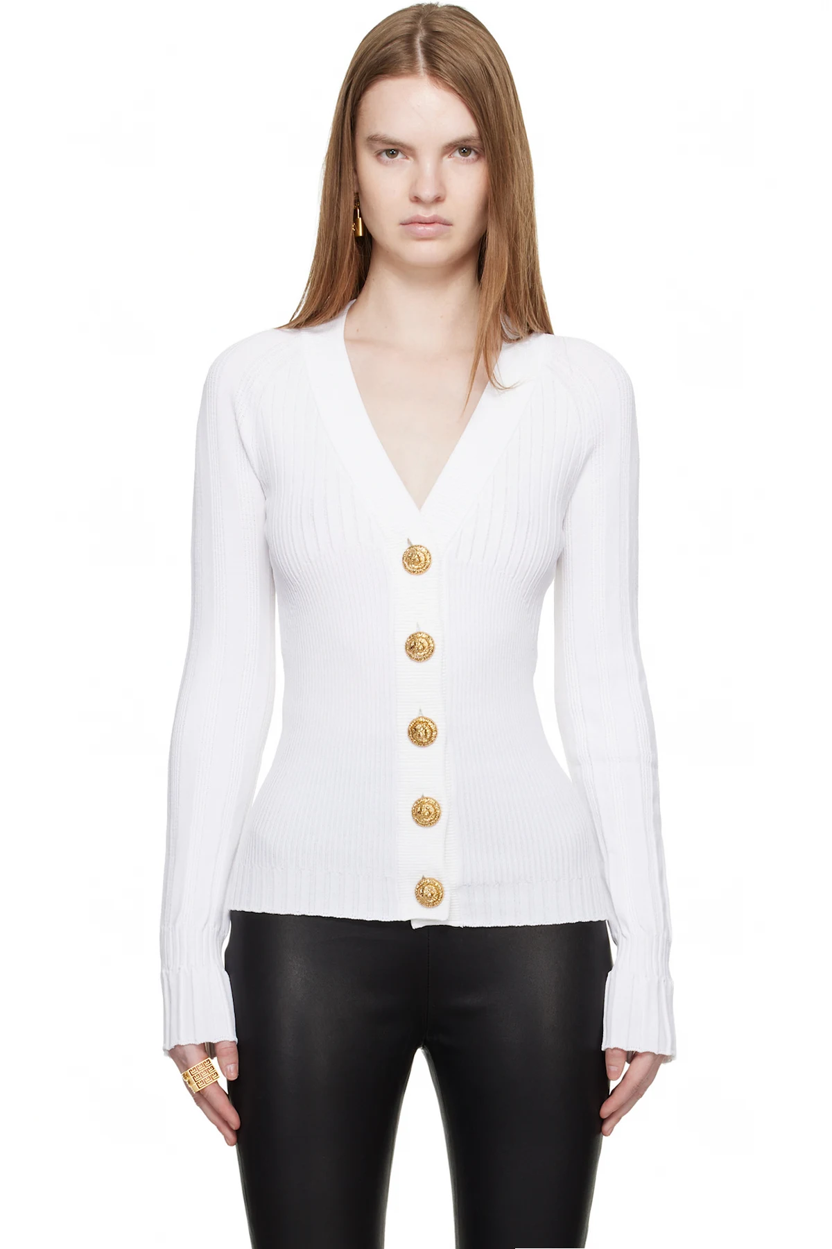White Buttoned V-Neck Light Knit Cardigan