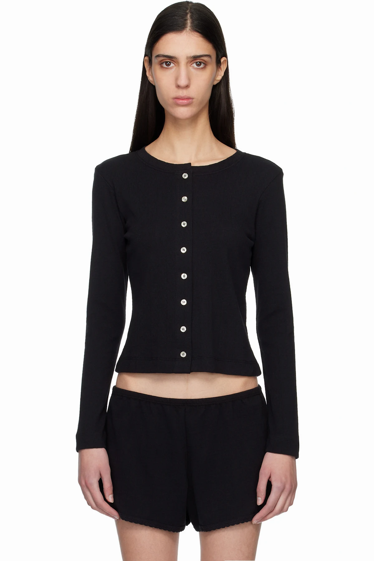 Black Pointelle Classic Crew Cardigan