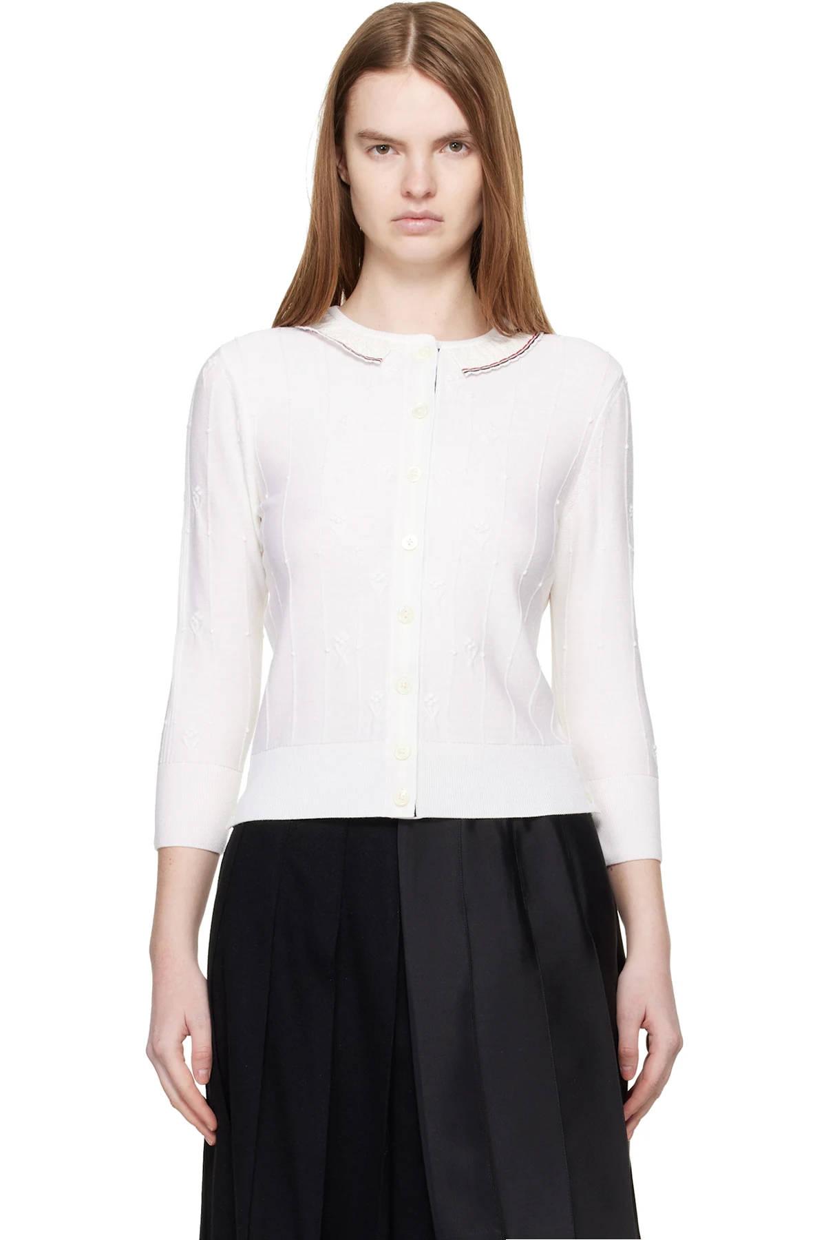 White Bobble Stitch 3/4 Sleeve Cardigan